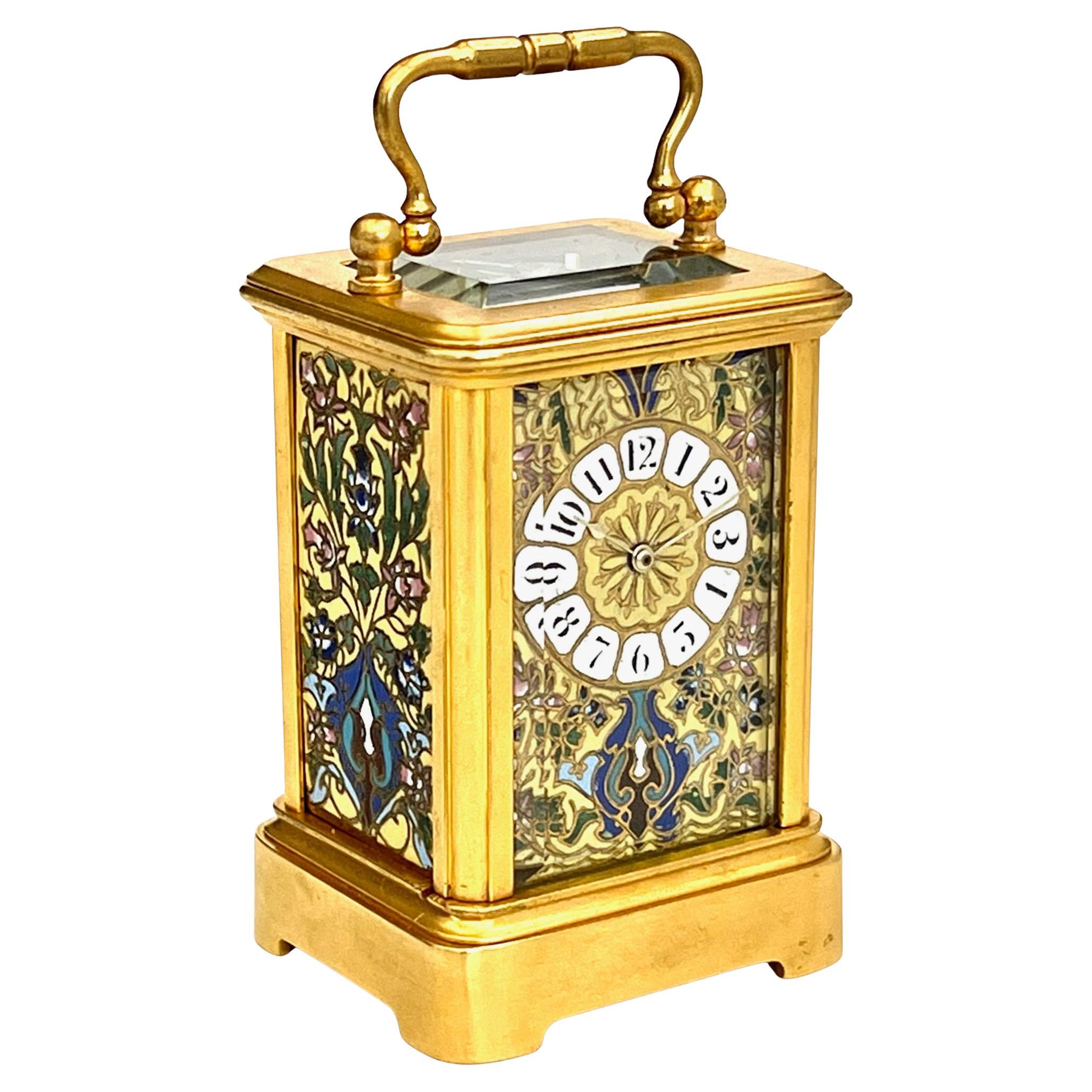 French Miniature Timepiece 8 Day Carriage Clock With Champlevé Enamel Panels For Sale