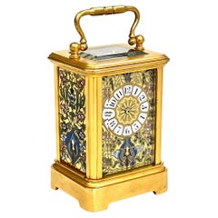 French Miniature Timepiece 8 Day Carriage Clock With Champlevé Enamel Panels