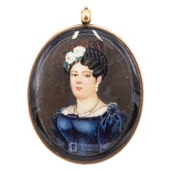 Antique French Miniature Watercolor Female Portrait