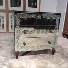 French Mirror Commode, Chest of Three Drawers, Dresser, circa 1940, Engravings