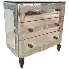 French Mirror Commode, Chest of Three Drawers, Dresser, circa 1940, Engravings