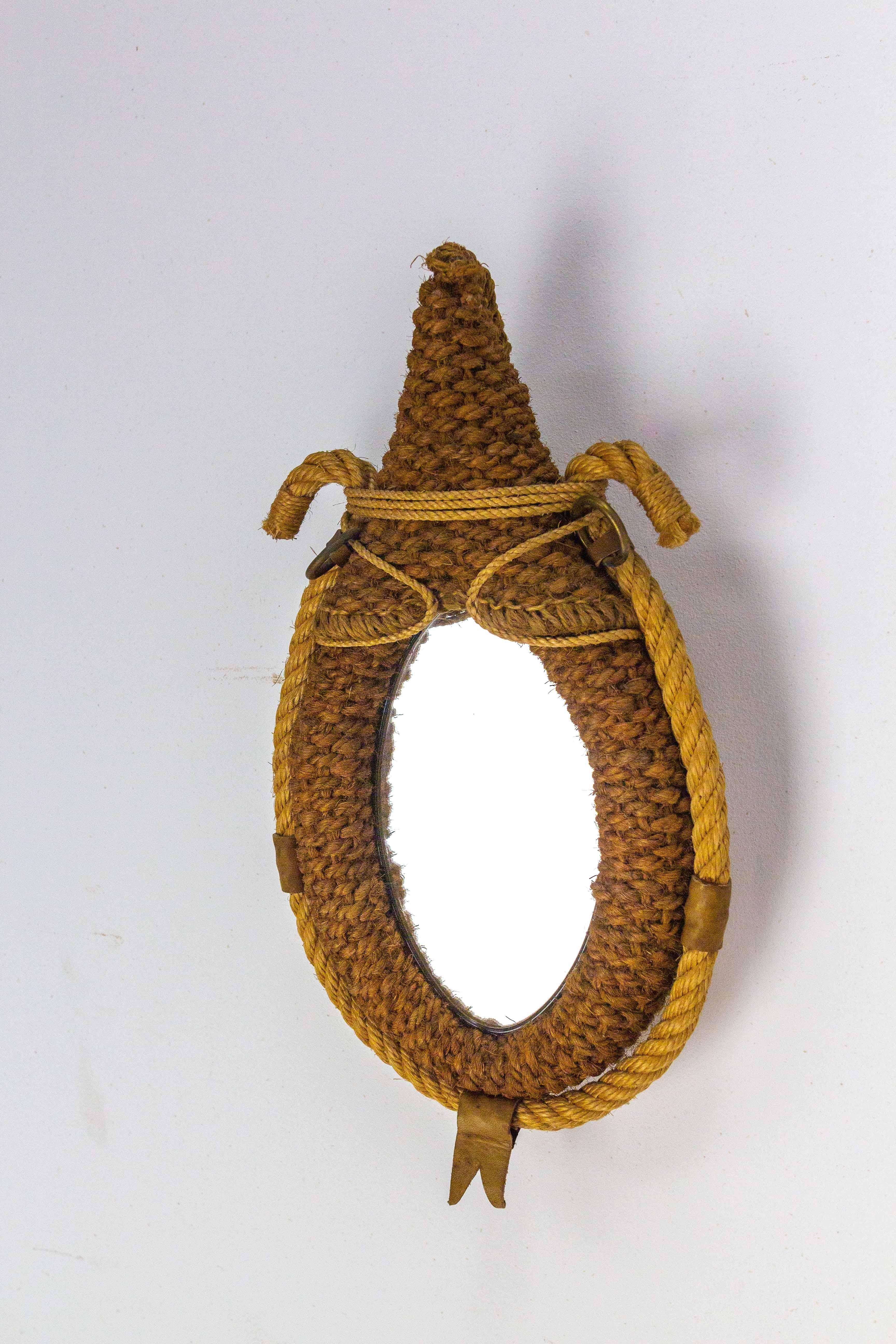 French Mirror Frame Braided String and Leather Audoux Minet Style,  Midcentury For Sale 1