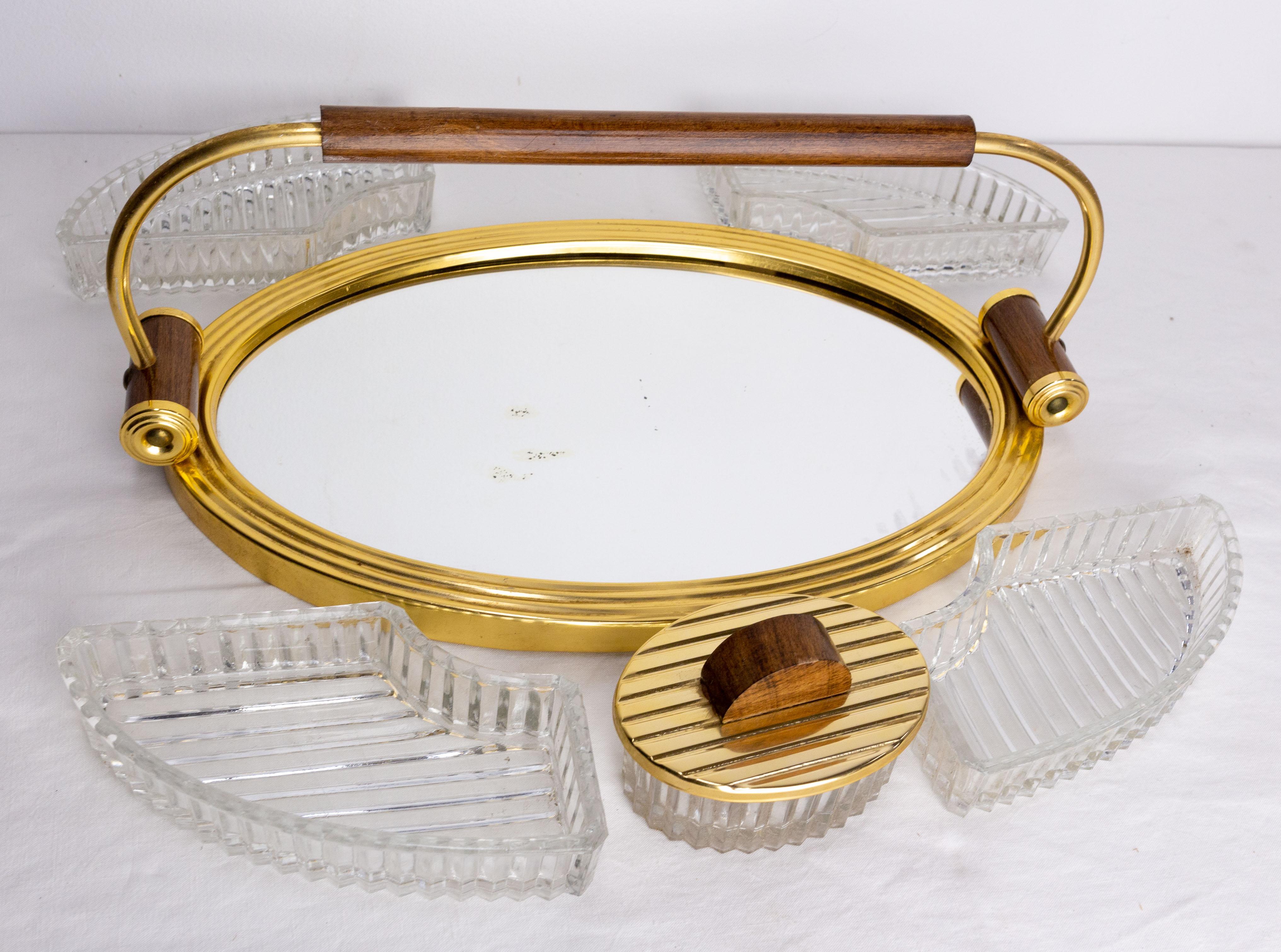 French Mirror Glass Brass & Wood Service Five Bowls Art Deco Style, c. 1960 In Good Condition For Sale In Labrit, Landes