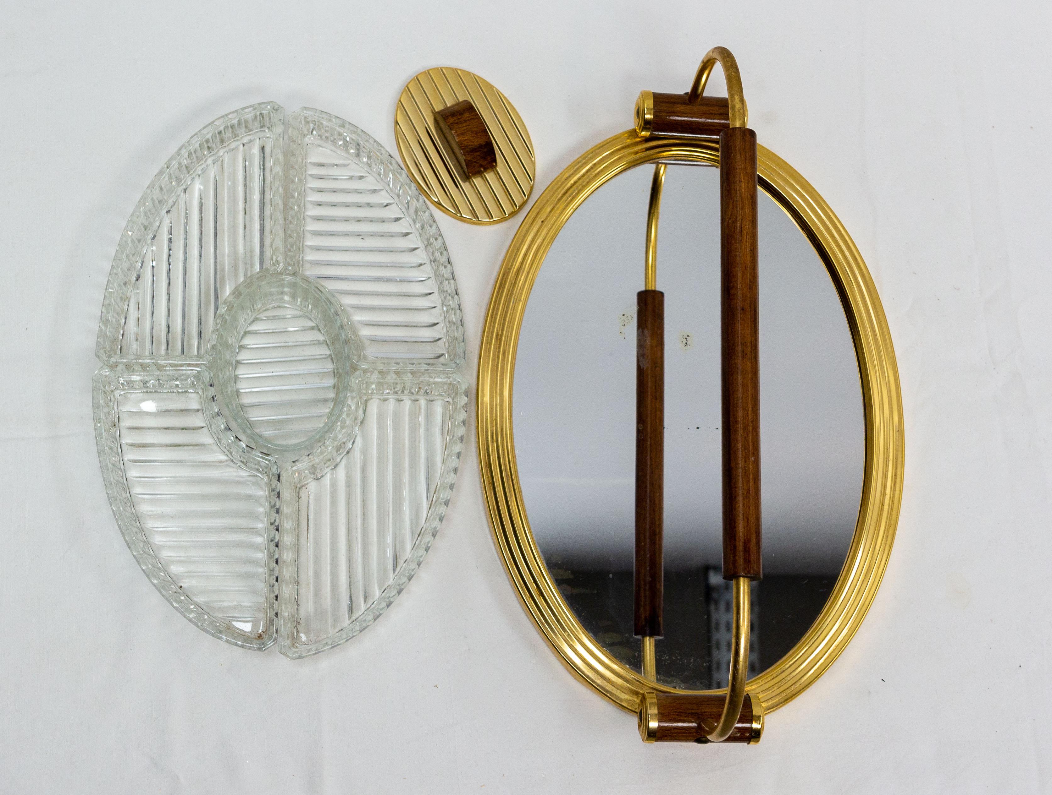 Mid-20th Century French Mirror Glass Brass & Wood Service Five Bowls Art Deco Style, c. 1960 For Sale