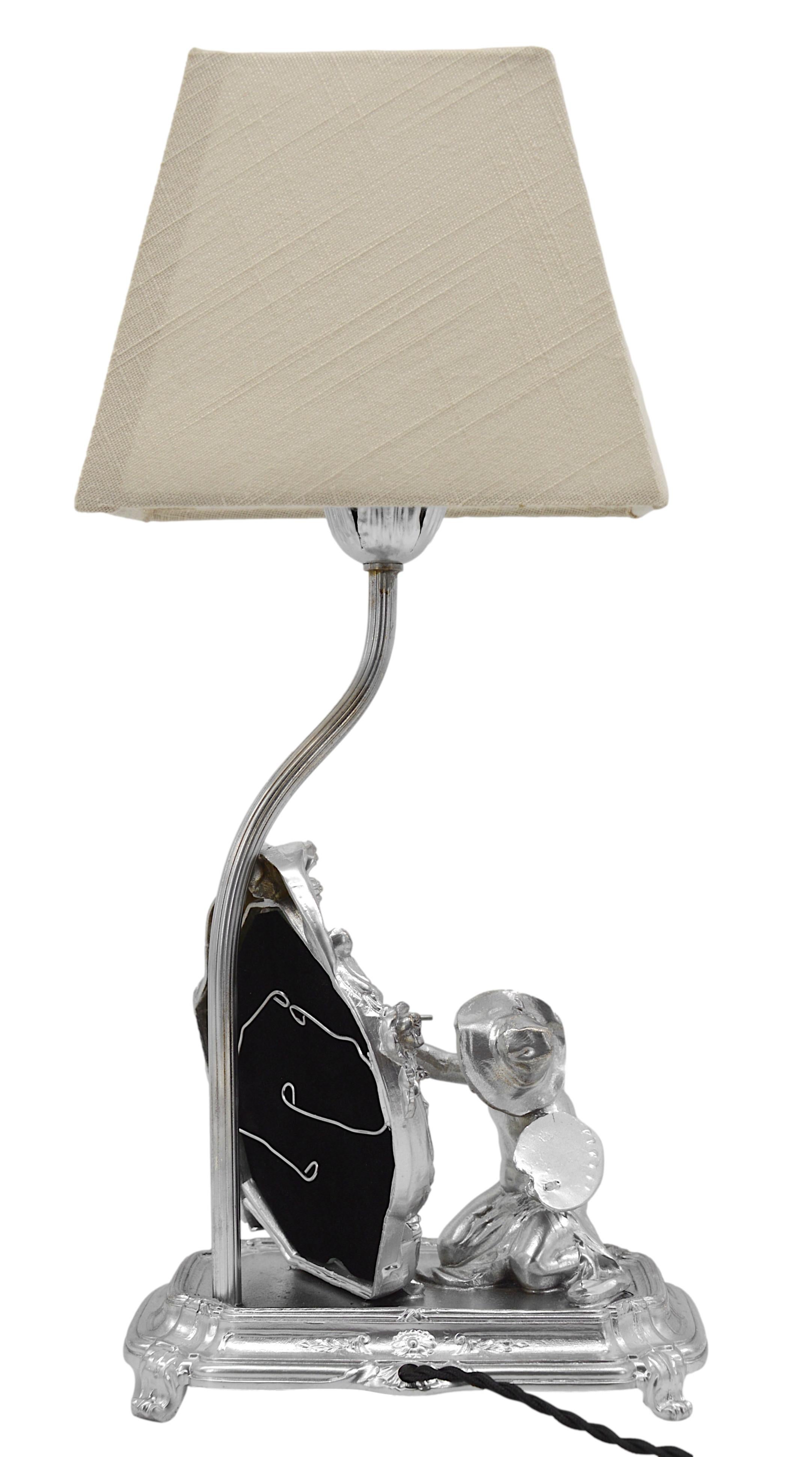 Französische Spiegeltischlampe, Maler, ca.1900 im Zustand „Gut“ im Angebot in Saint-Amans-des-Cots, FR