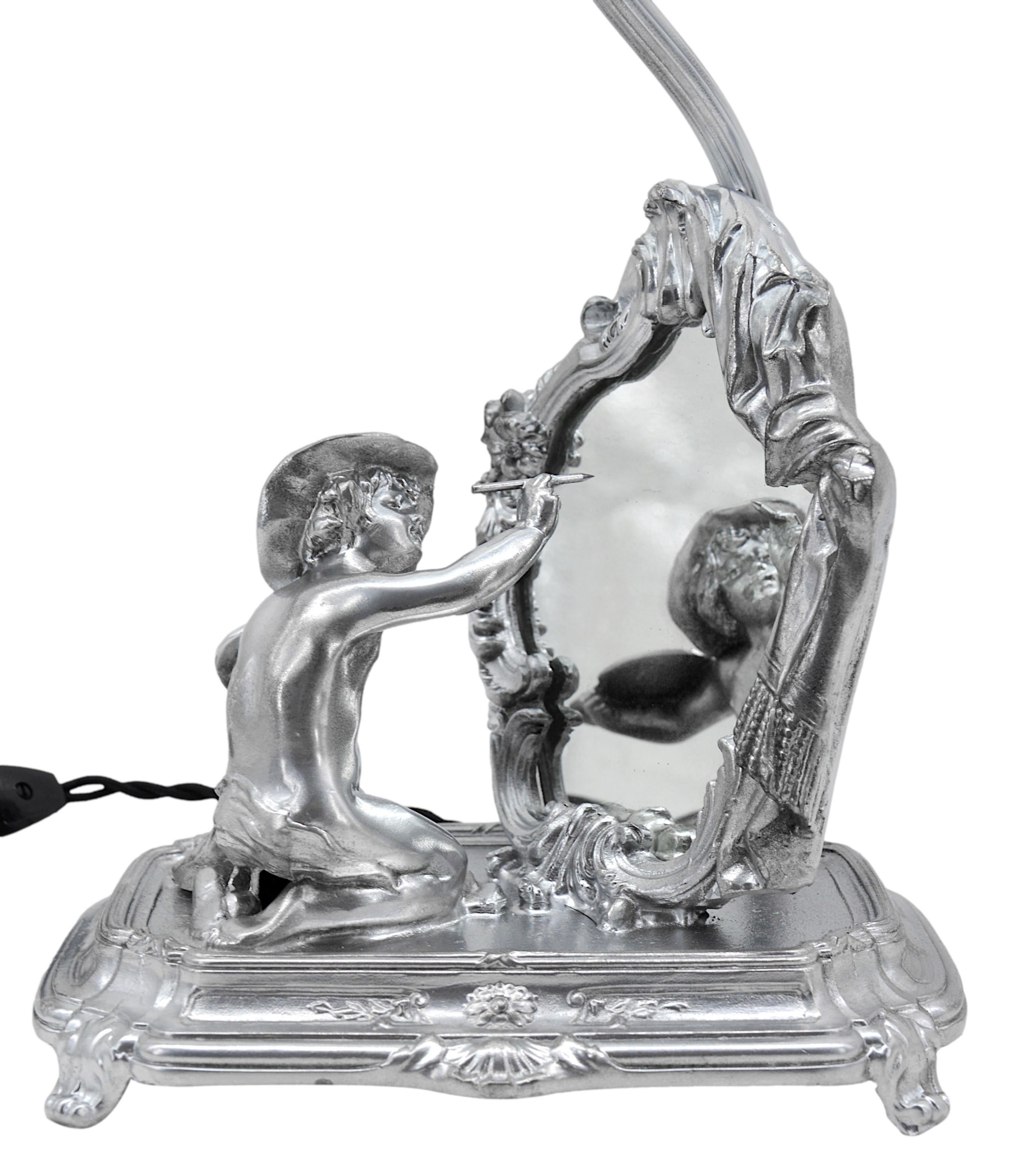 Lámpara de mesa con espejo francesa, Pintor, ca.1900 Tela en venta
