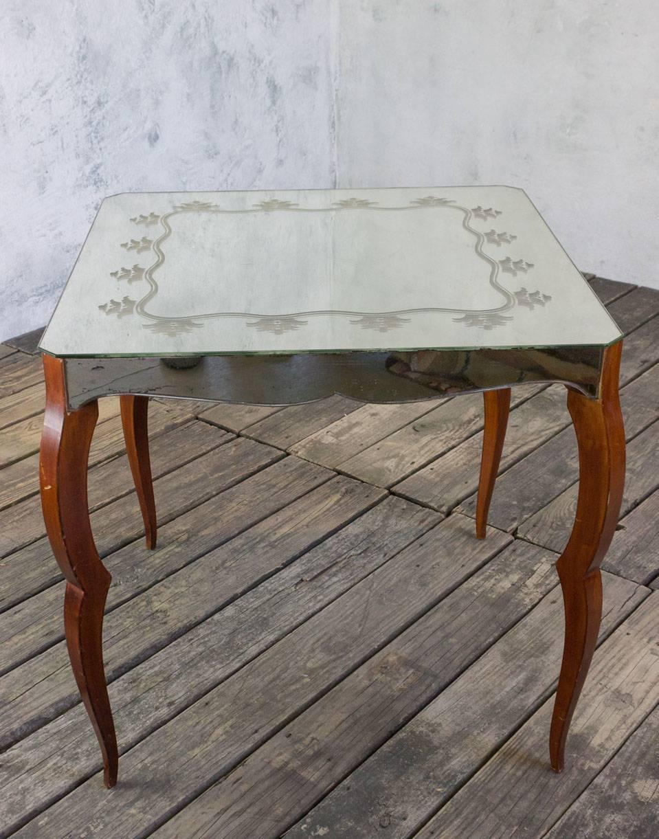 French 1950s card table with etched mirror top and scalloped mirror apron on wooden legs.