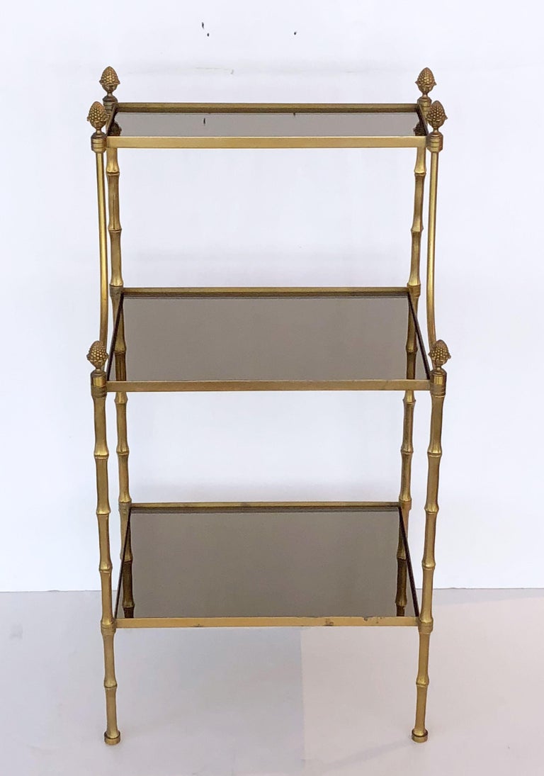 French Mirrored Étagère or Shelves of Brass with Faux Bamboo Design at