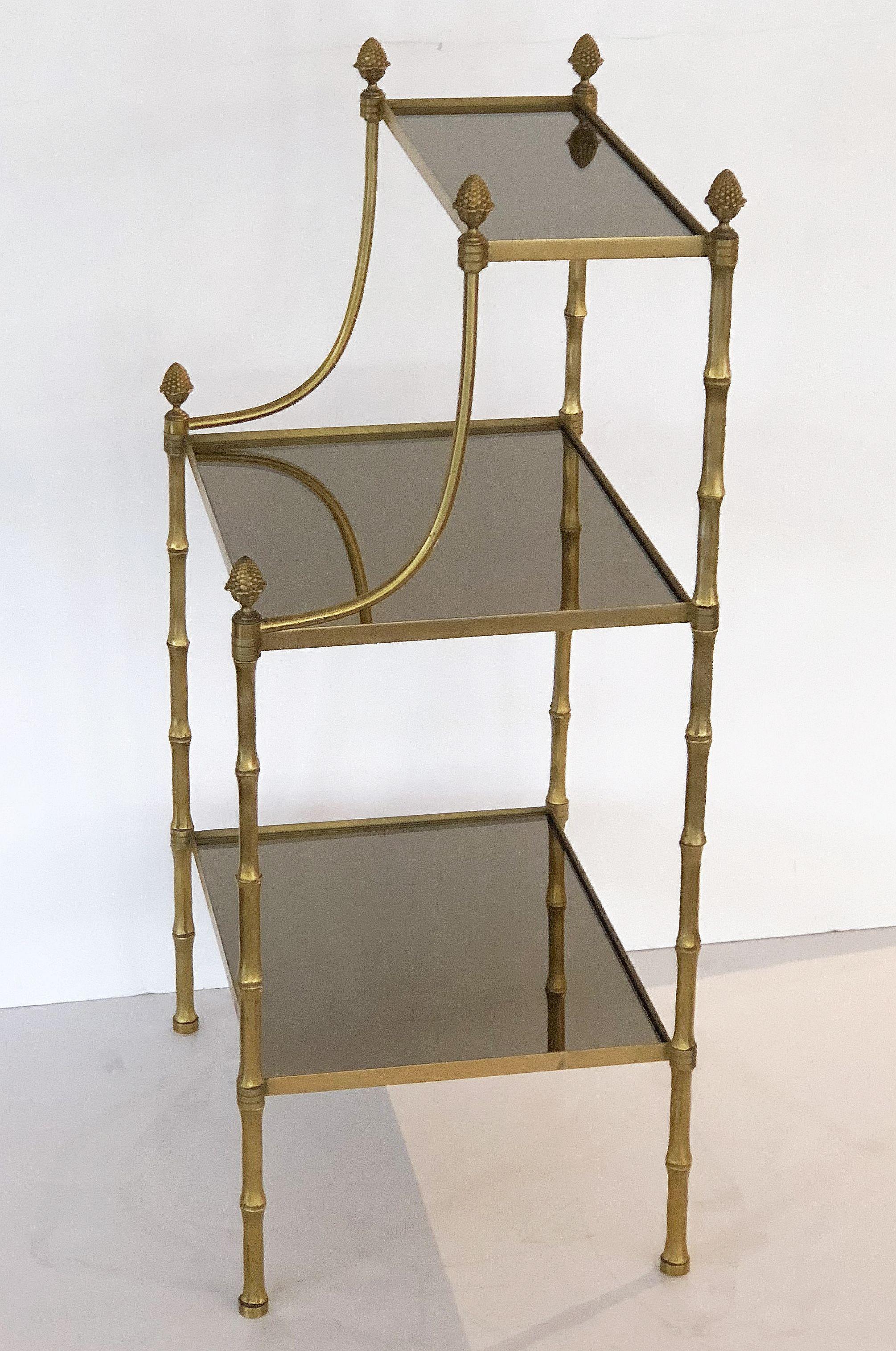 20th Century French Mirrored Étagère or Shelves of Brass with Faux Bamboo Design