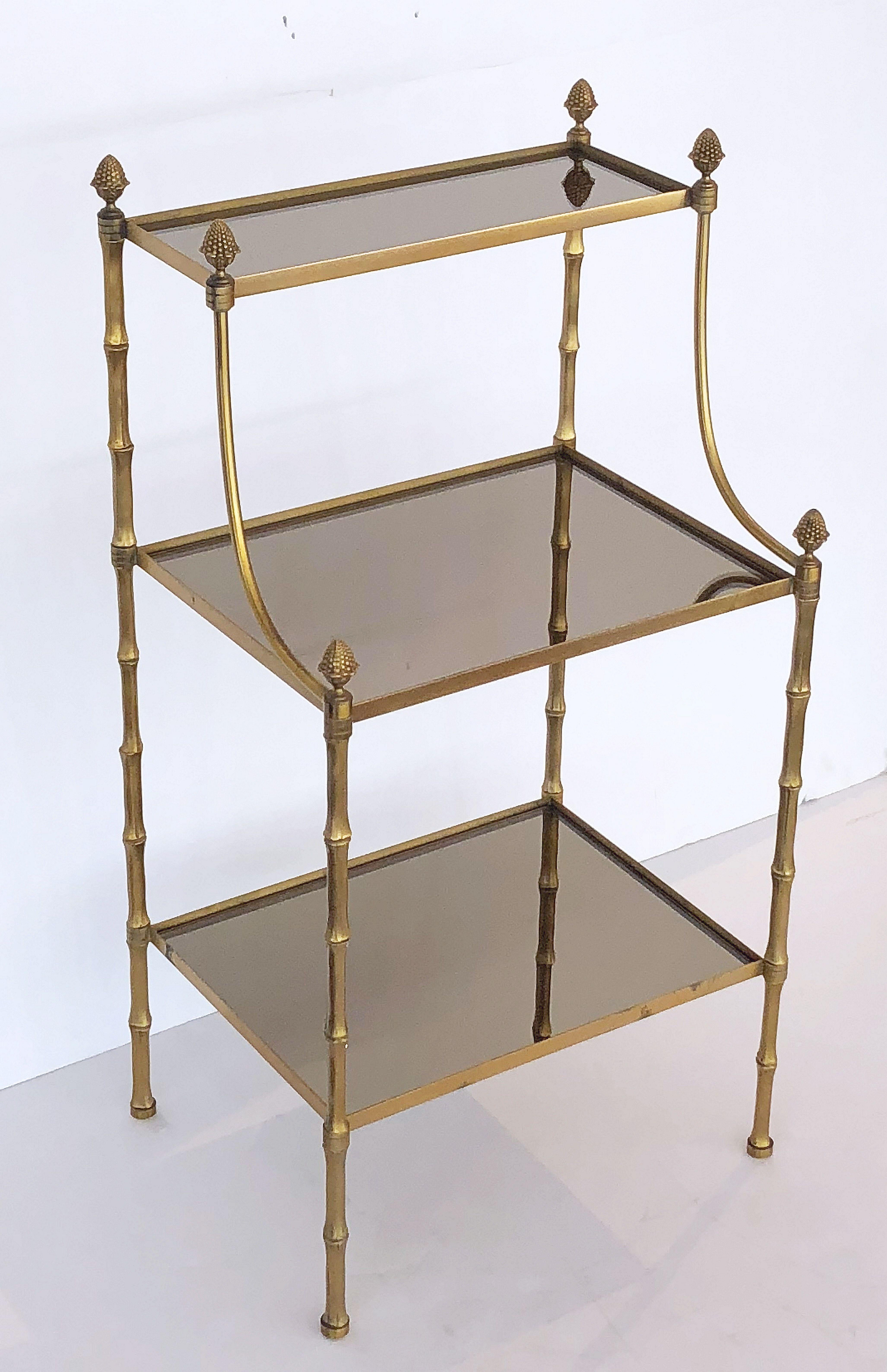 Metal French Mirrored Étagère or Shelves of Brass with Faux Bamboo Design