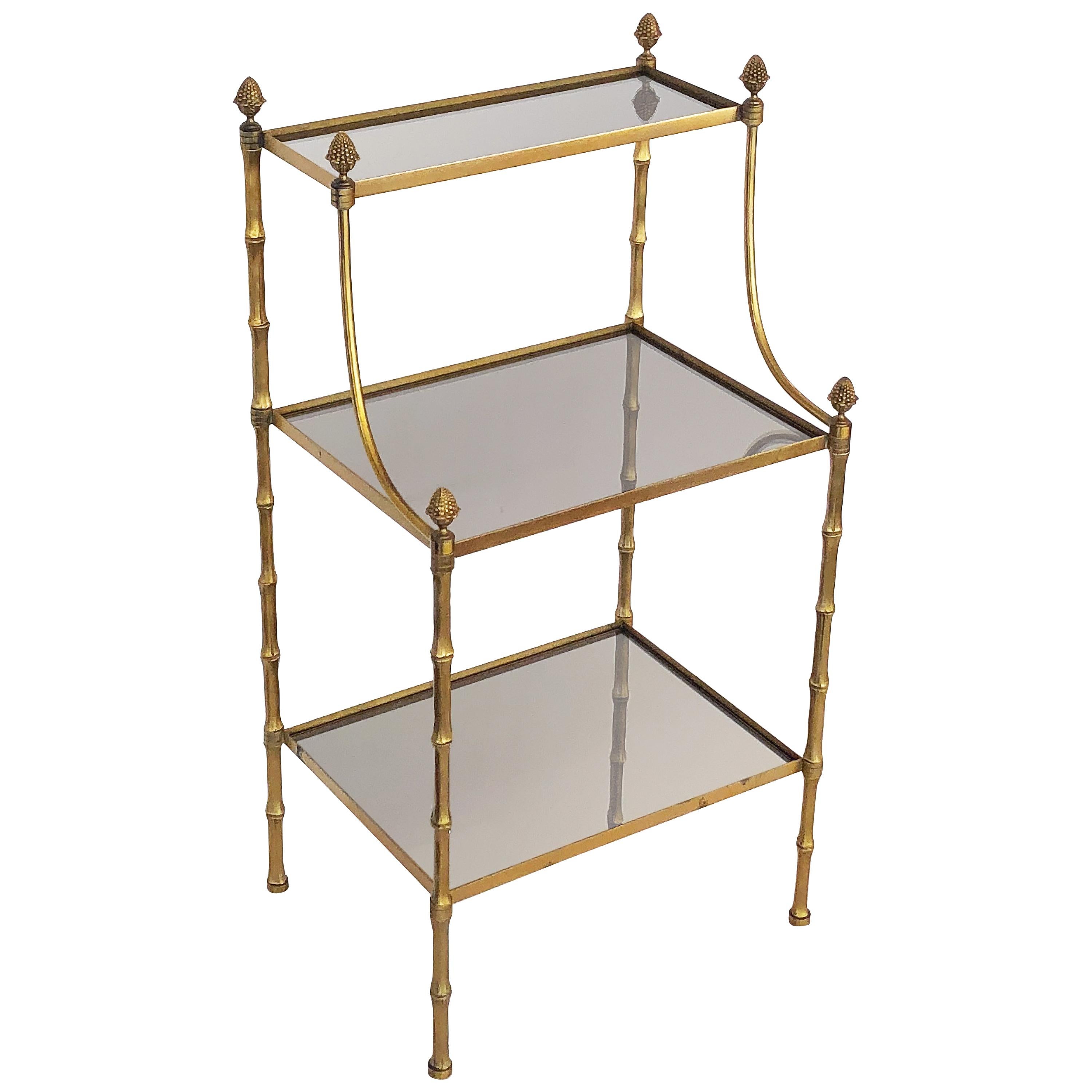 French Mirrored Étagère or Shelves of Brass with Faux Bamboo Design