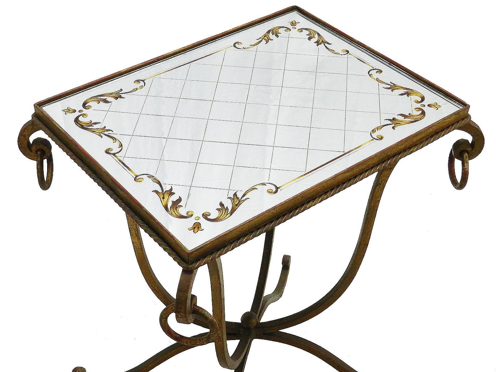 Gilt French Mirrored Table Wrought Iron manner of Rene Drouet Art Deco  For Sale