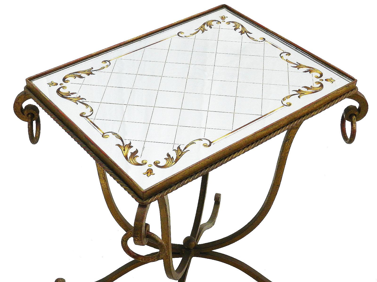 French mirrored table gilded wrought iron midcentury
Art Deco in the manner of Rene Drouet / Jules Leleu
Occasional table with its original patterned mirror top 
A really charming cocktail, coffee or side table
In very good vintage condition with