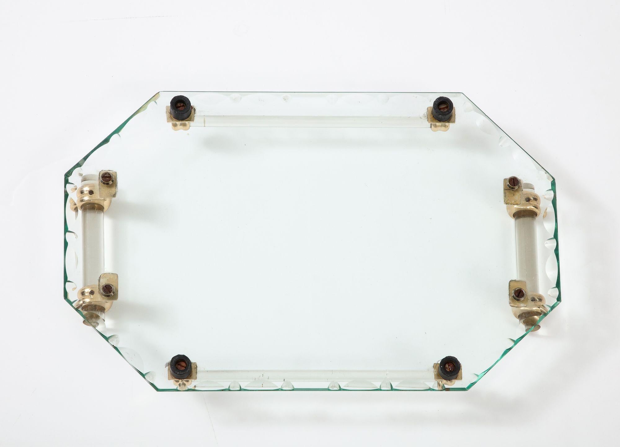 French Glass Tray Style of Jacques Adnet with Glass Handles For Sale 6