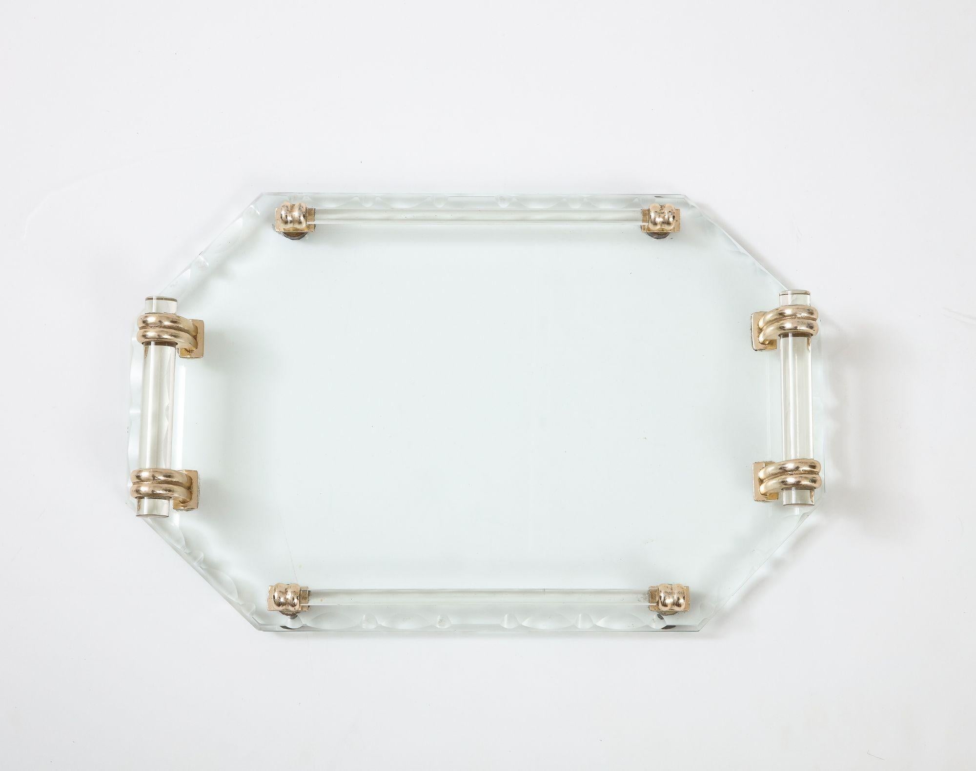 French Glass Tray Style of Jacques Adnet with Glass Handles For Sale 7