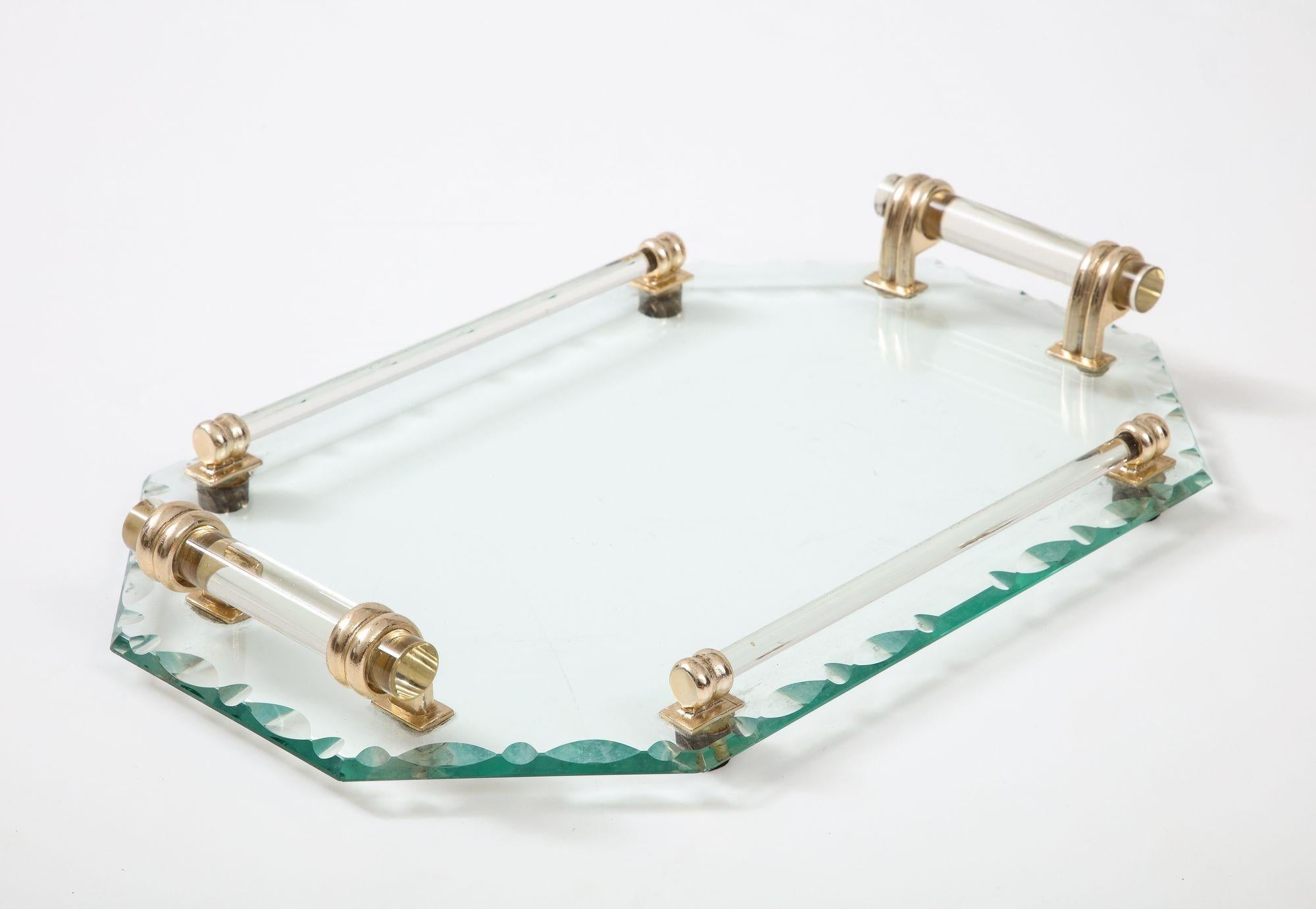 French Glass Tray Style of Jacques Adnet with Glass Handles For Sale 3