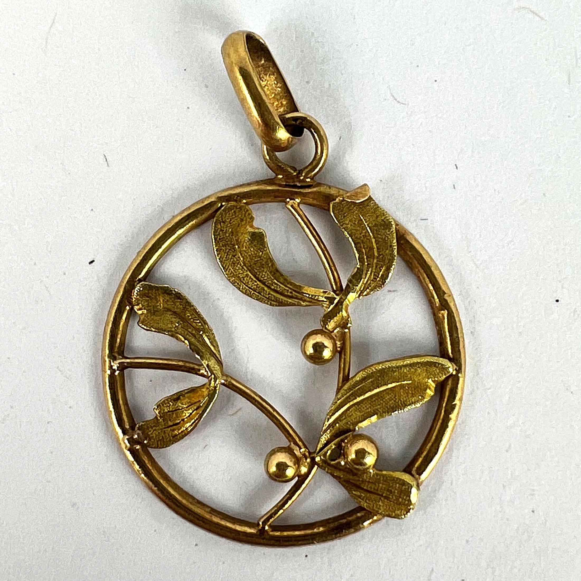 Französisch Mistel Blätter und Beeren Liebe 18K Gelbgold Charme Anhänger 6