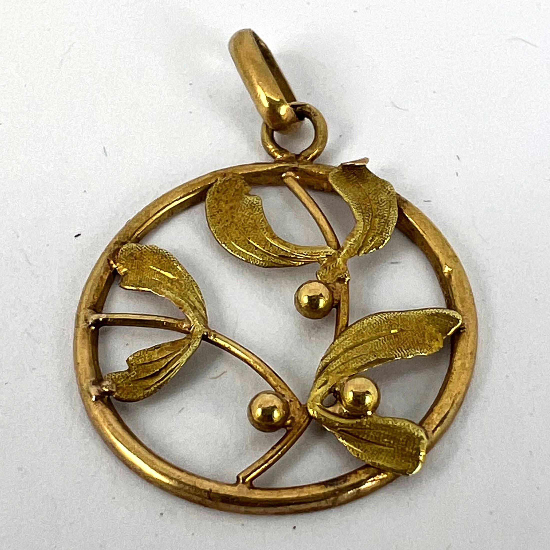 Französisch Mistel Blätter und Beeren Liebe 18K Gelbgold Charme Anhänger 7