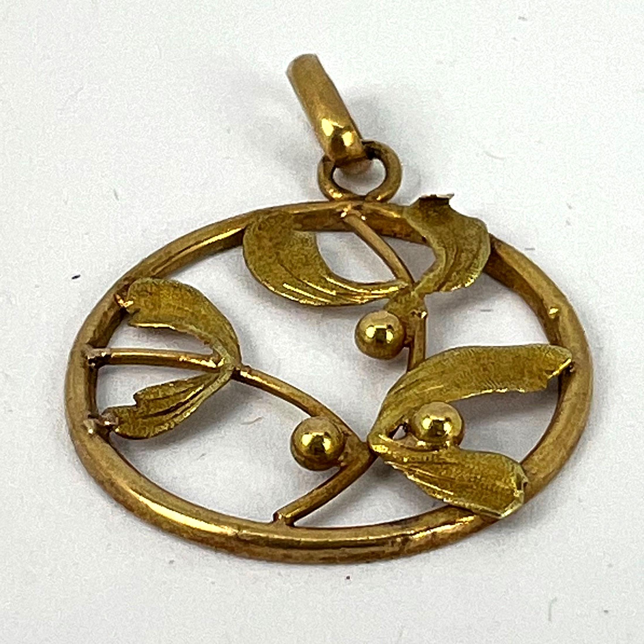 Französisch Mistel Blätter und Beeren Liebe 18K Gelbgold Charme Anhänger 8