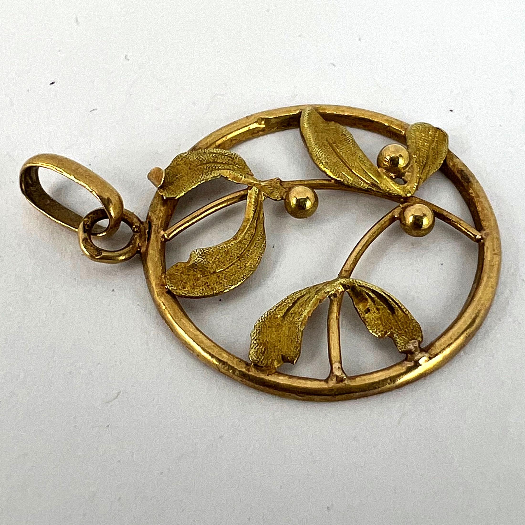Französisch Mistel Blätter und Beeren Liebe 18K Gelbgold Charme Anhänger 9