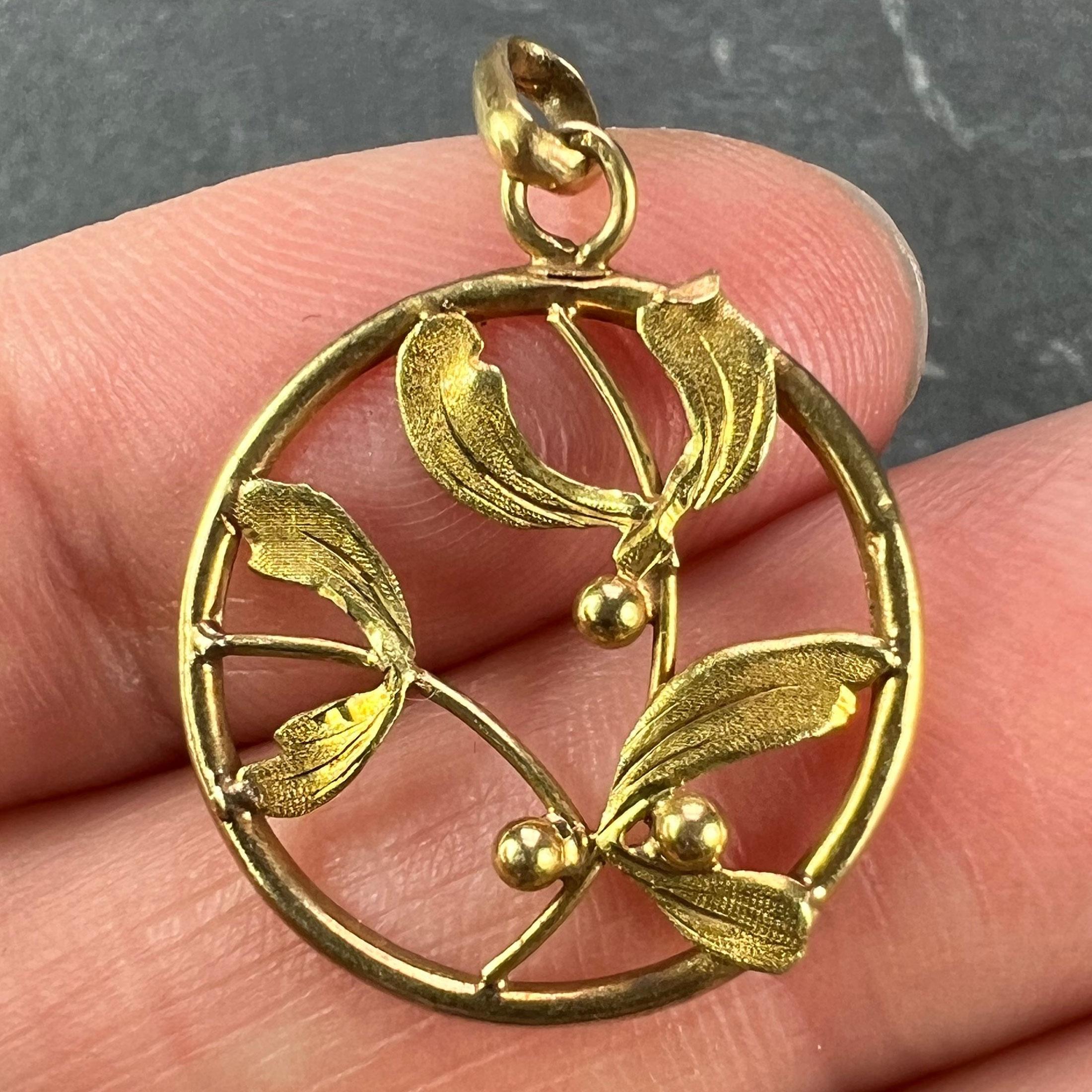 Französisch Mistel Blätter und Beeren Liebe 18K Gelbgold Charme Anhänger 1