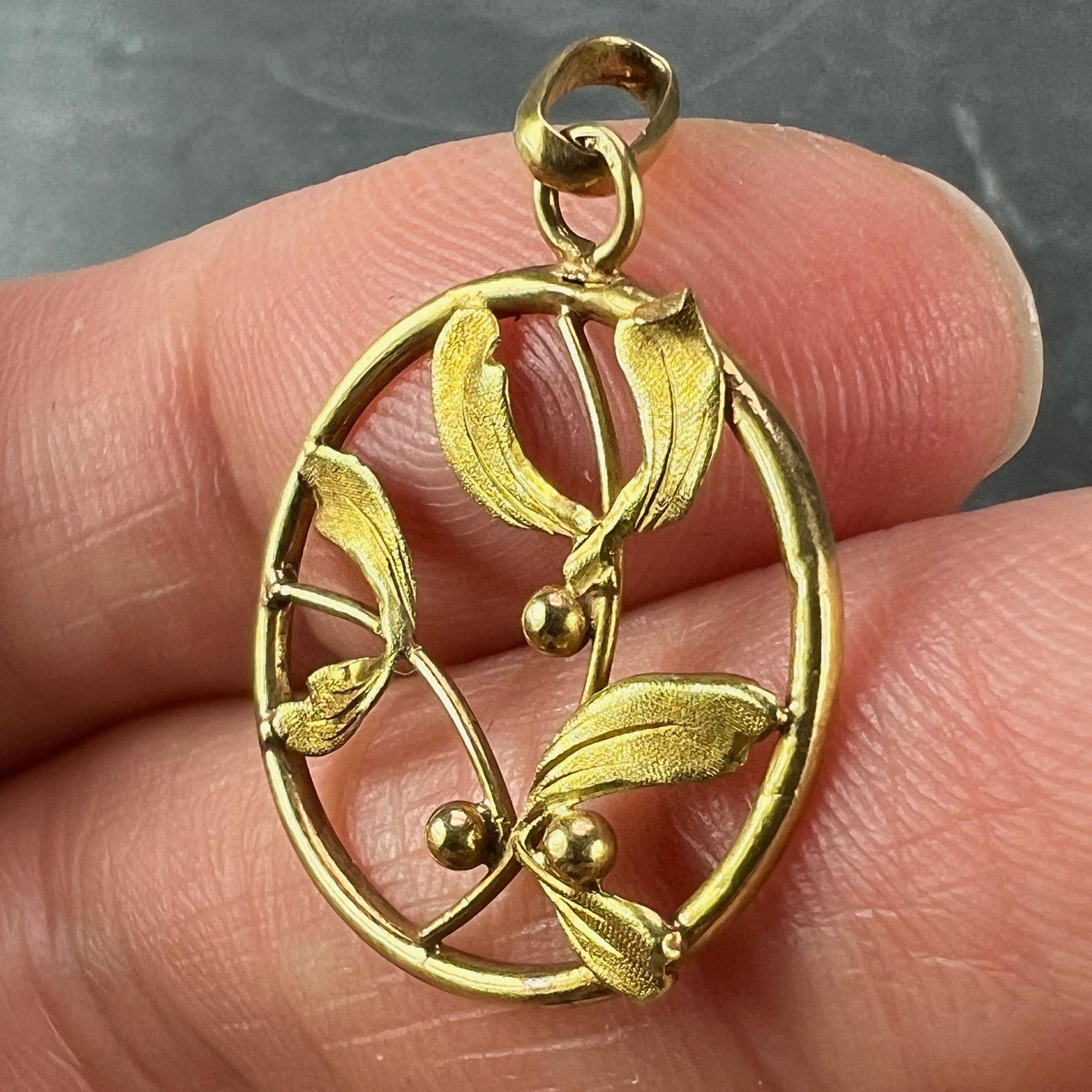 Französisch Mistel Blätter und Beeren Liebe 18K Gelbgold Charme Anhänger 2