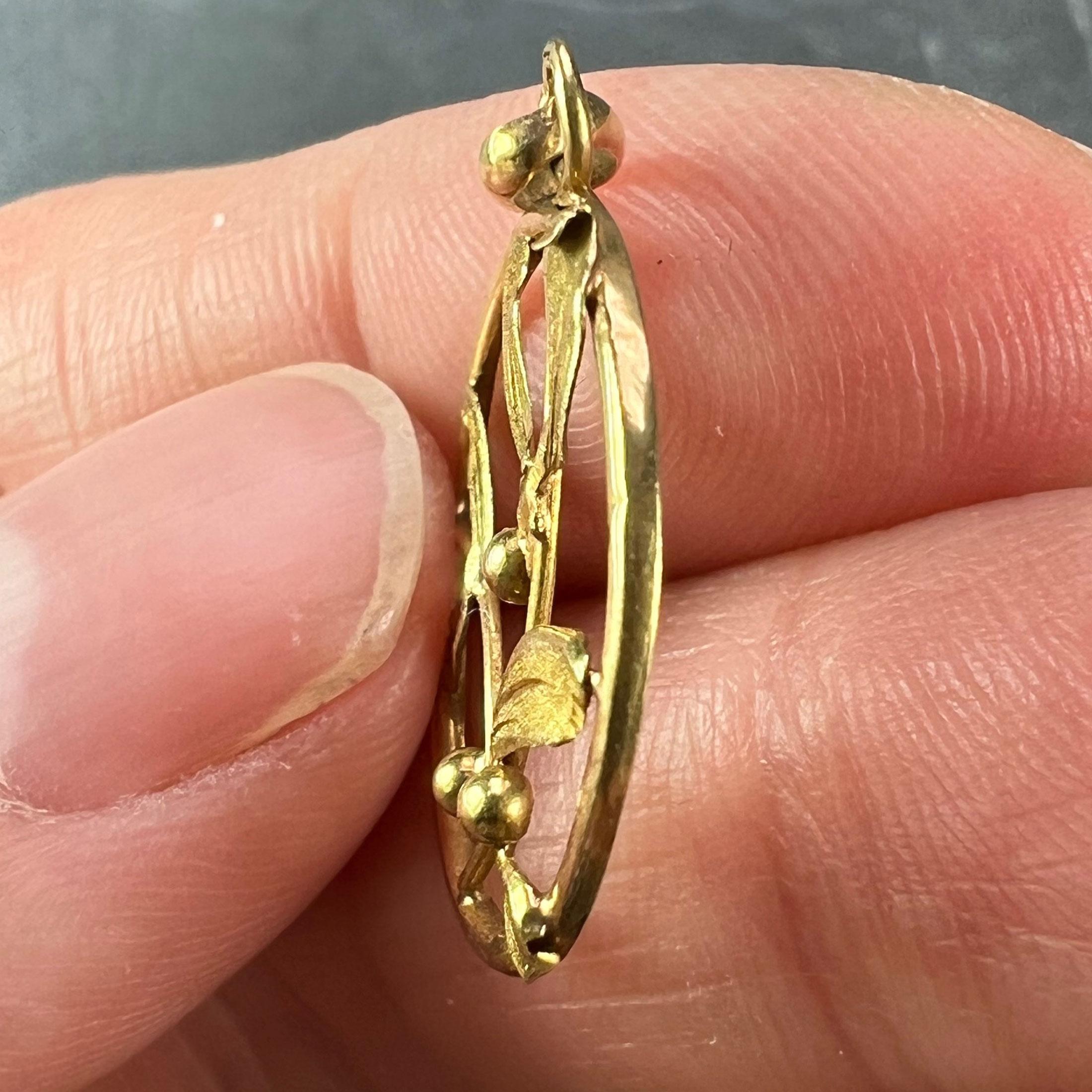 Französisch Mistel Blätter und Beeren Liebe 18K Gelbgold Charme Anhänger 3