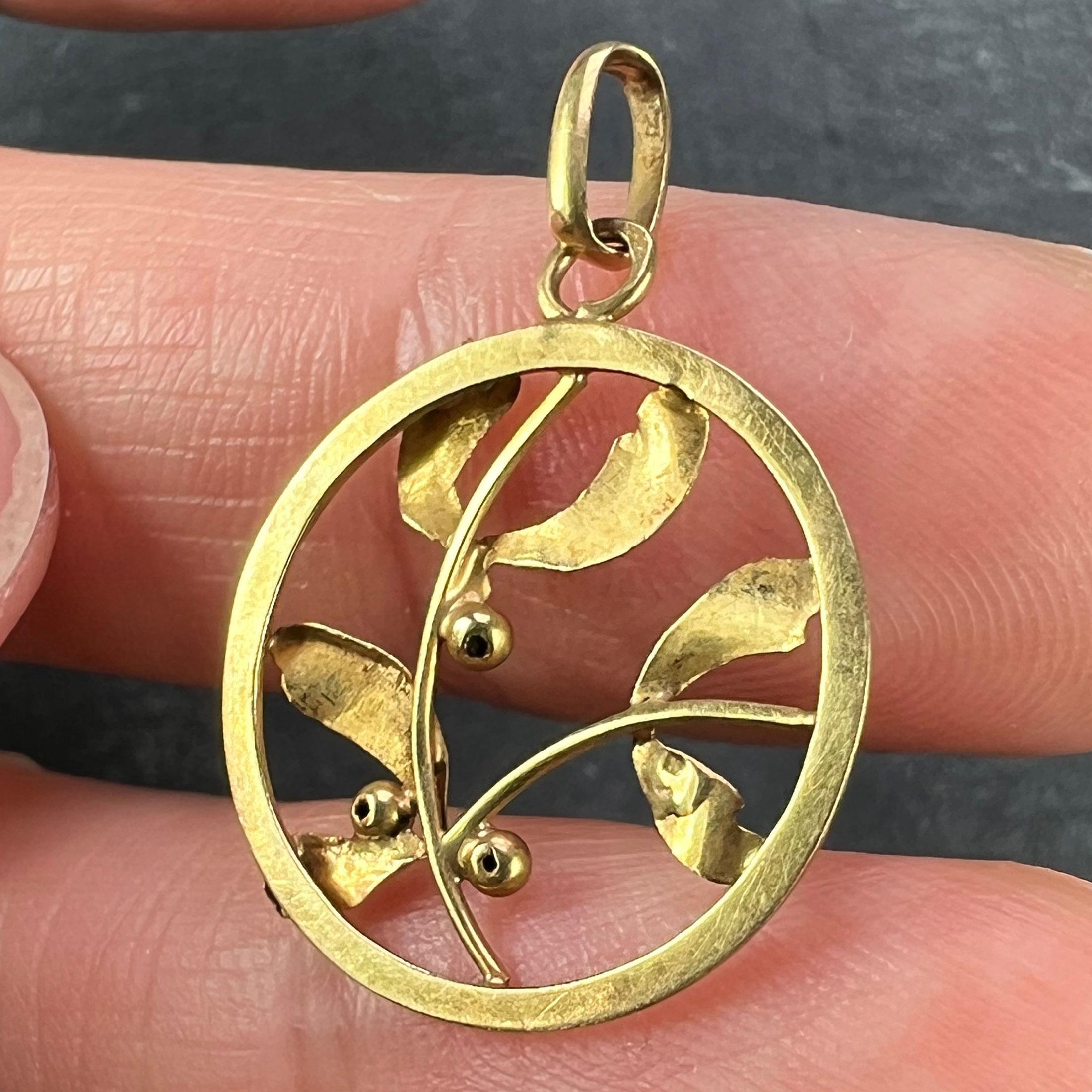 Französisch Mistel Blätter und Beeren Liebe 18K Gelbgold Charme Anhänger 4