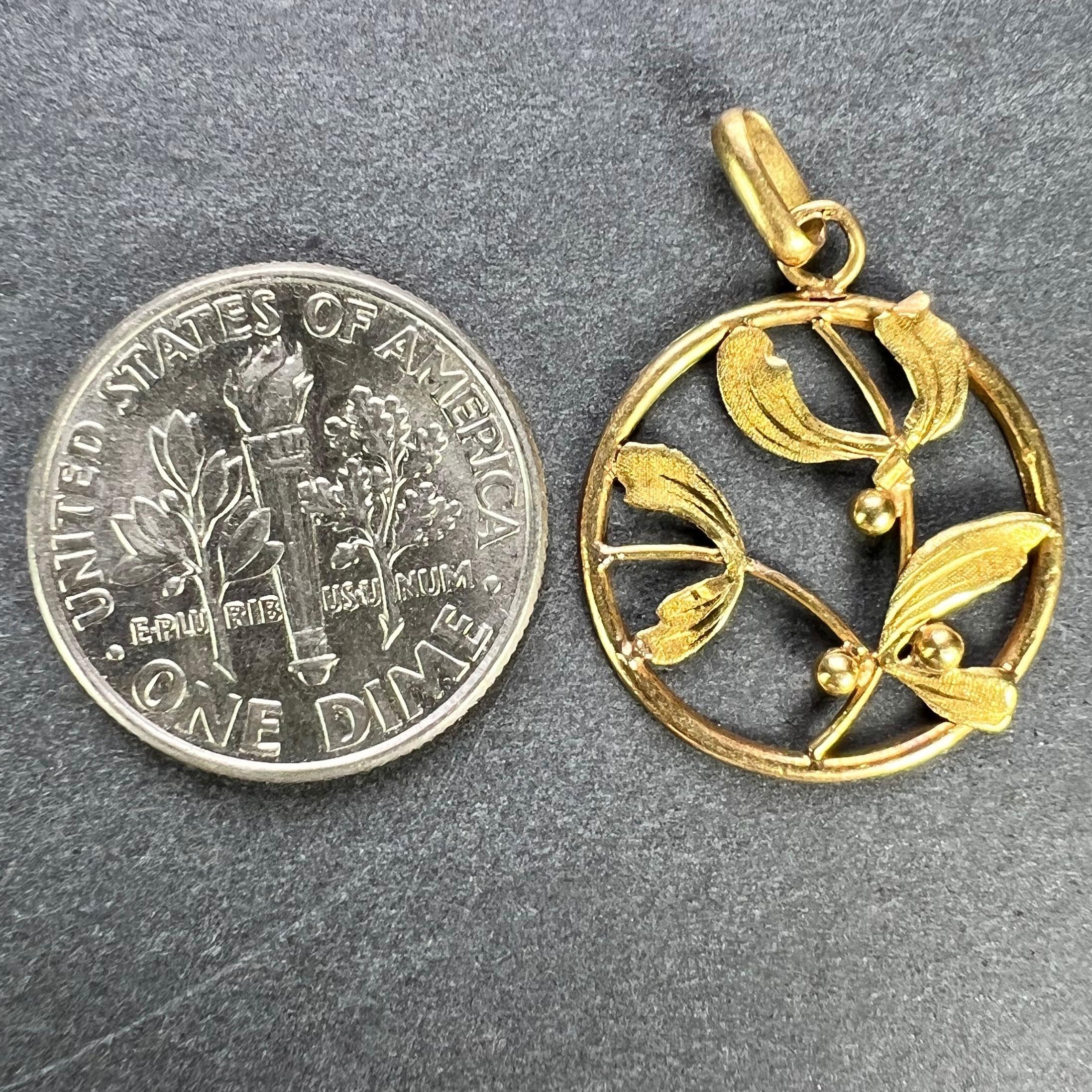 Französisch Mistel Blätter und Beeren Liebe 18K Gelbgold Charme Anhänger 5