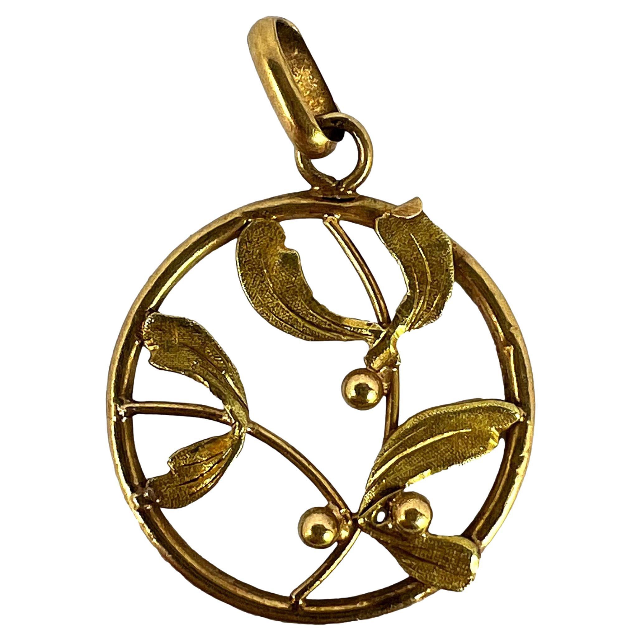 Französisch Mistel Blätter und Beeren Liebe 18K Gelbgold Charme Anhänger