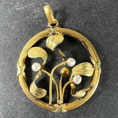 French Mistletoe Leaves and Berries Love 18K Yellow Gold Pearl Charm Pendant