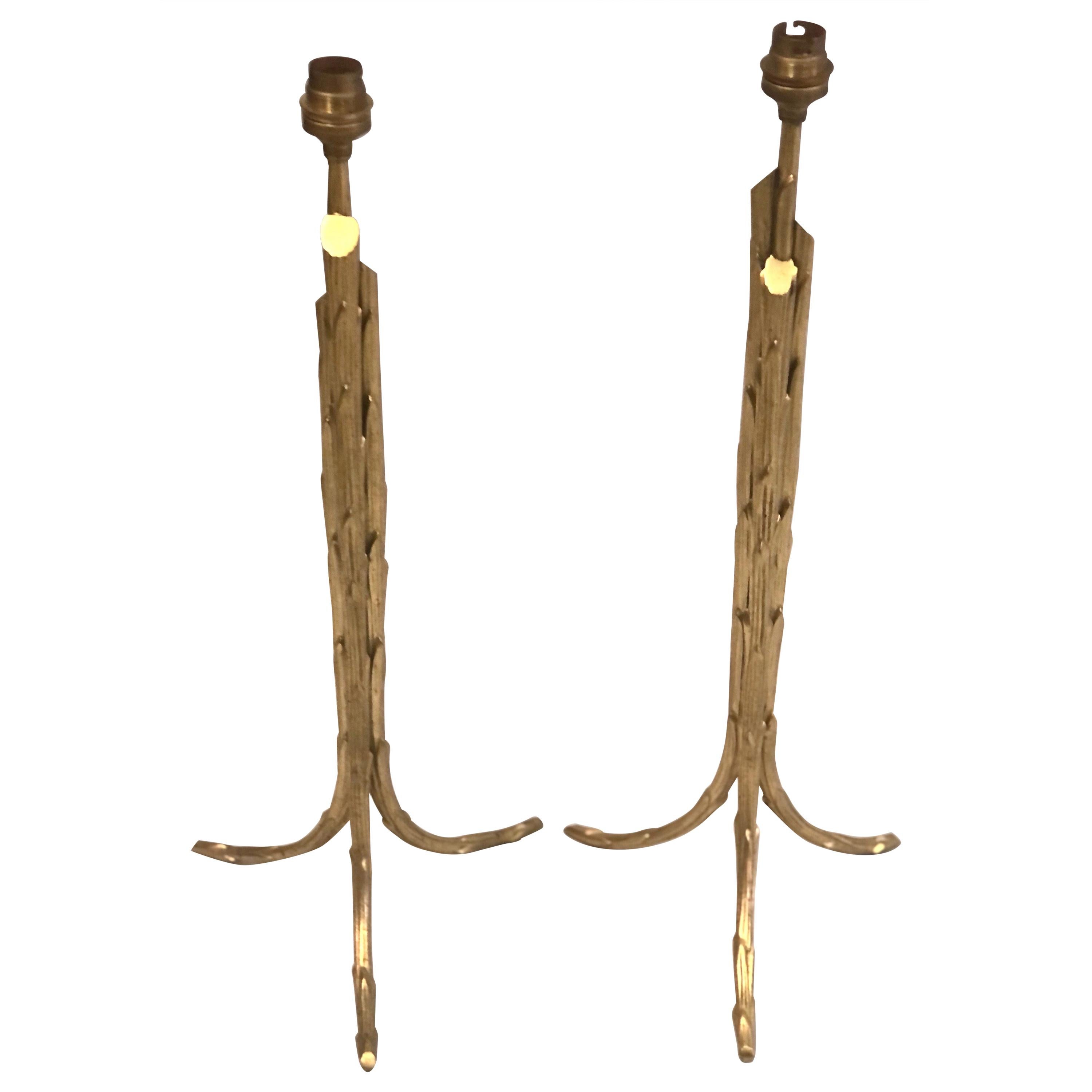 French Mod. Neoclassic Gilt Bronze Faux Bamboo Table Lamps, Maison Baguès, Pair