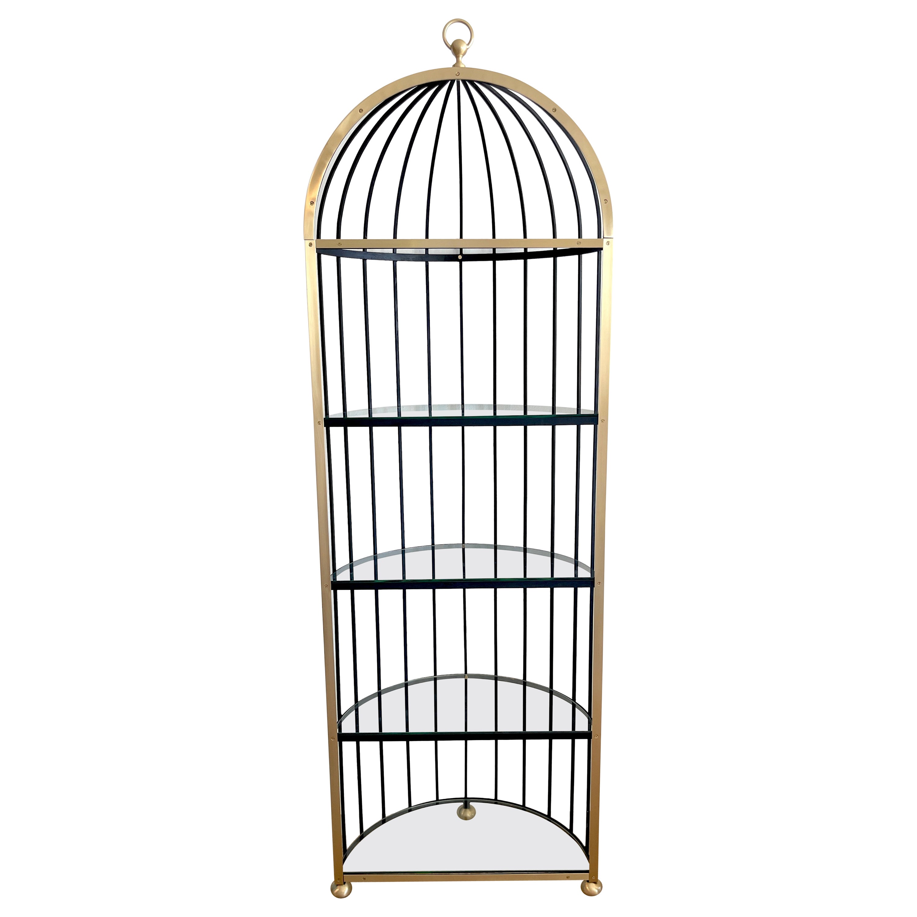 French Mod Sculptural 'Brid Cage' Motif Brass and Iron Étagère/ Shelf, Restored