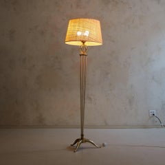 French ‘Model #926’ Brass Floor Lamp with Burlap Shade by Maison Arlus, 1955