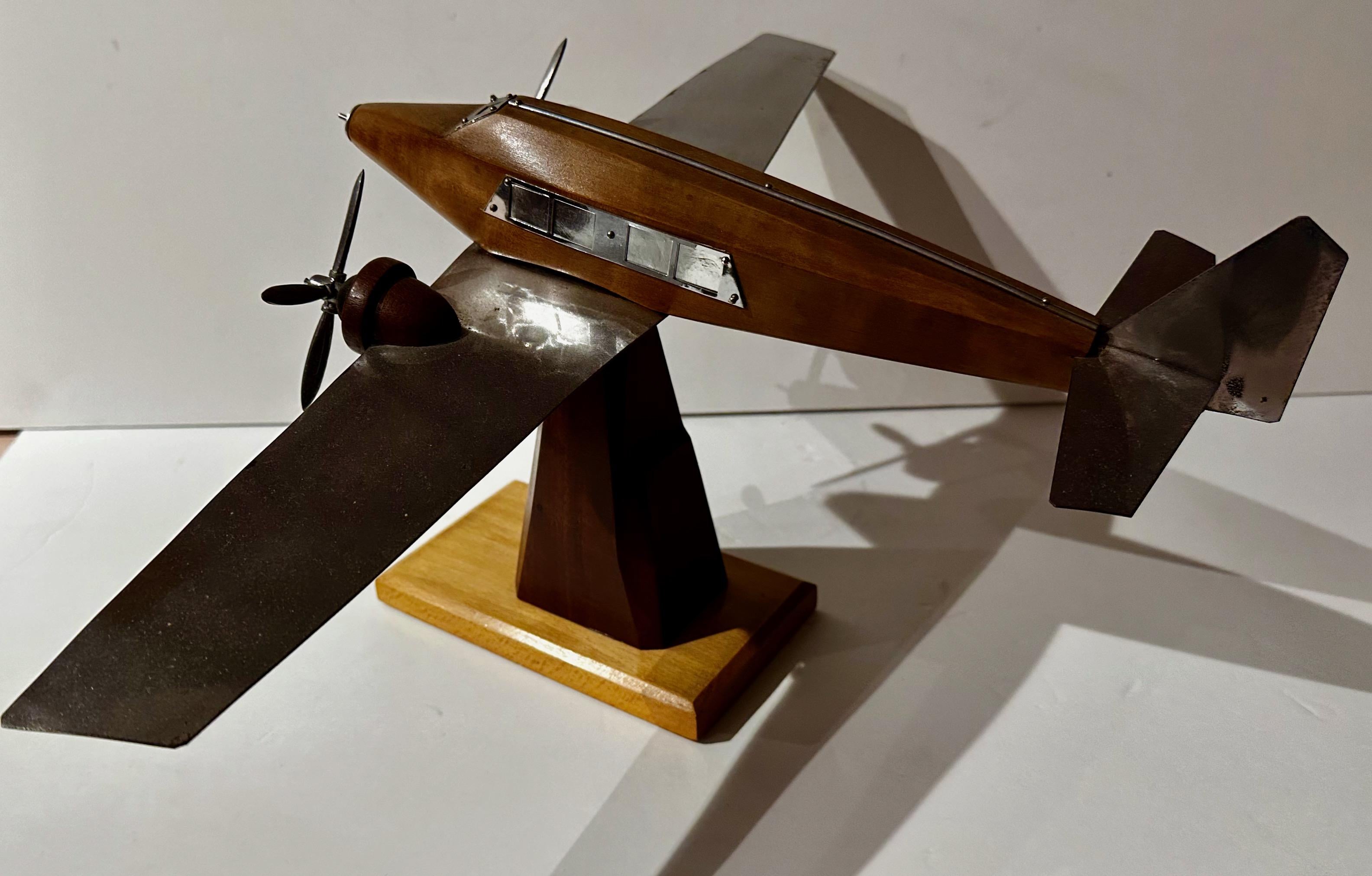 French Model Propeller Airplane Wood Metal Art Deco In Good Condition For Sale In Oakland, CA