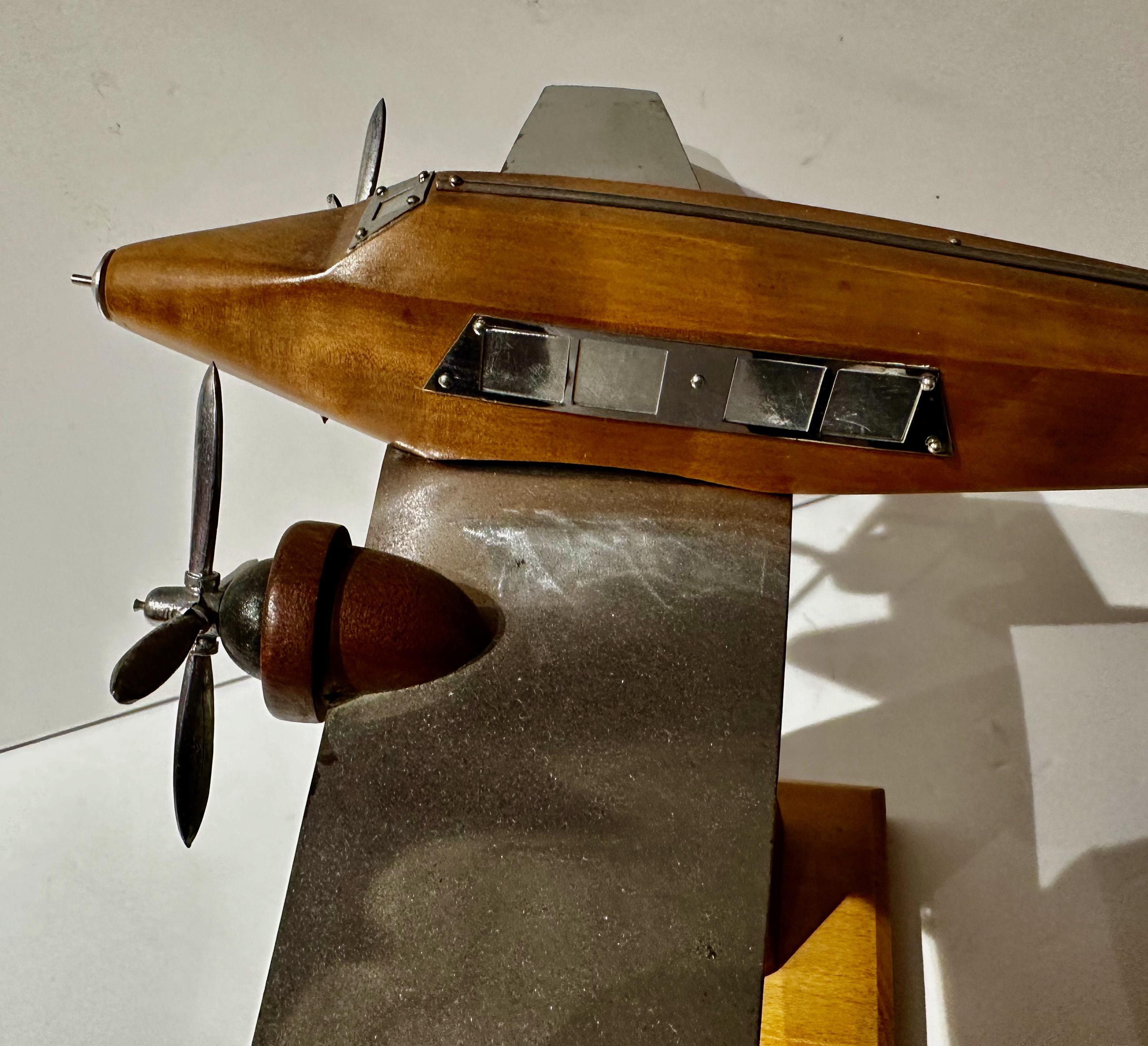 Mid-20th Century French Model Propeller Airplane Wood Metal Art Deco For Sale