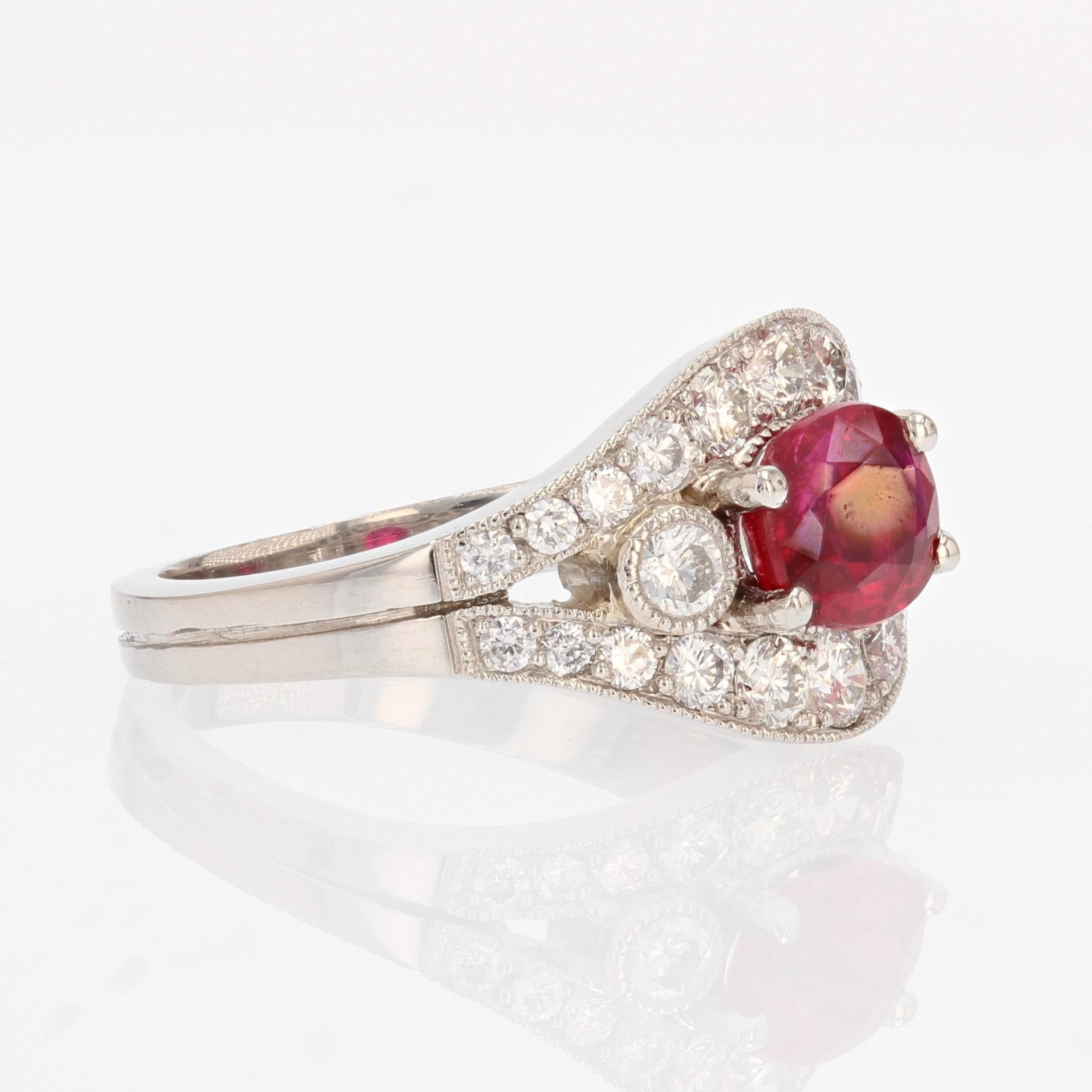 French Modern 1, 22 Carat Ruby Diamonds Platinum Ring For Sale 5