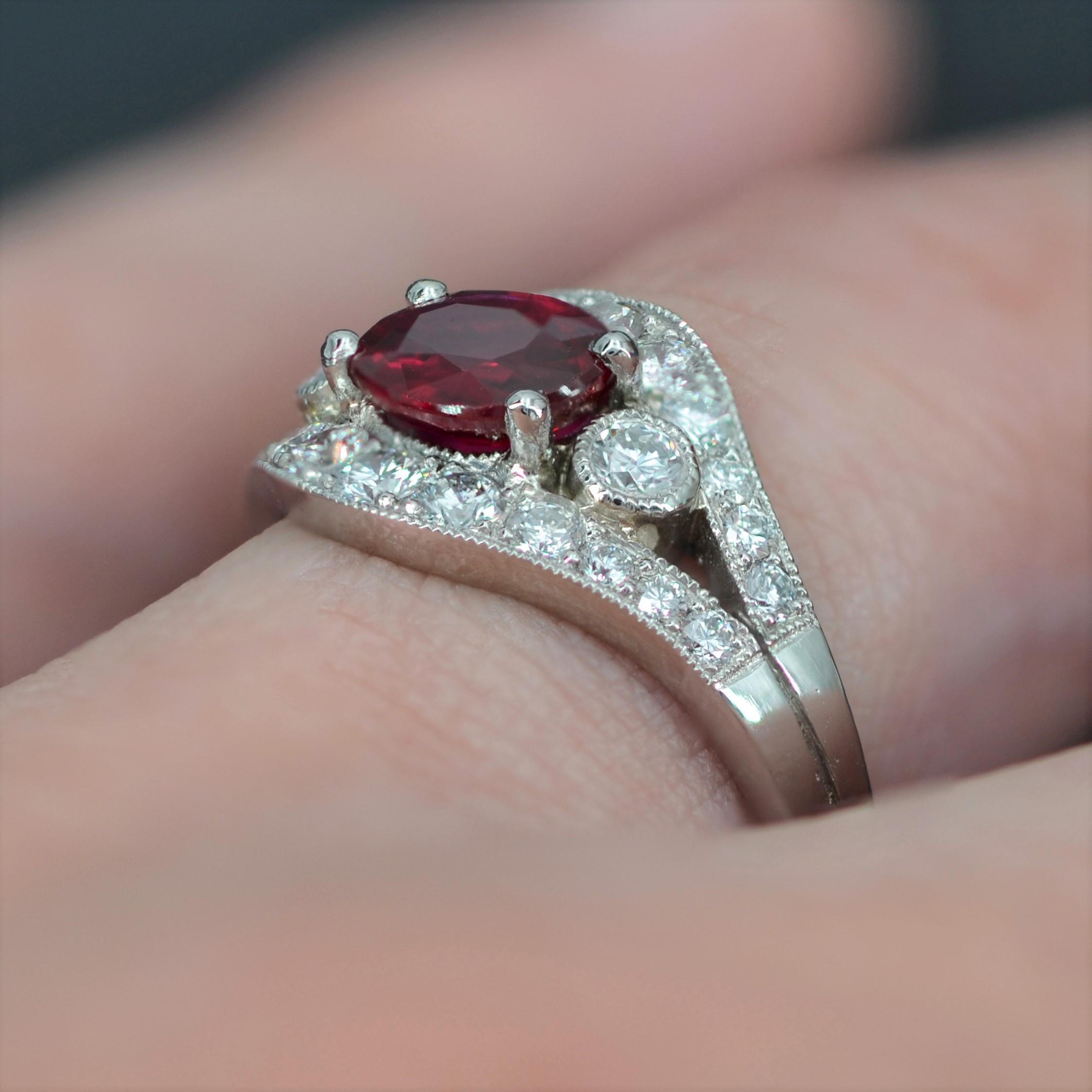 French Modern 1, 22 Carat Ruby Diamonds Platinum Ring For Sale 6
