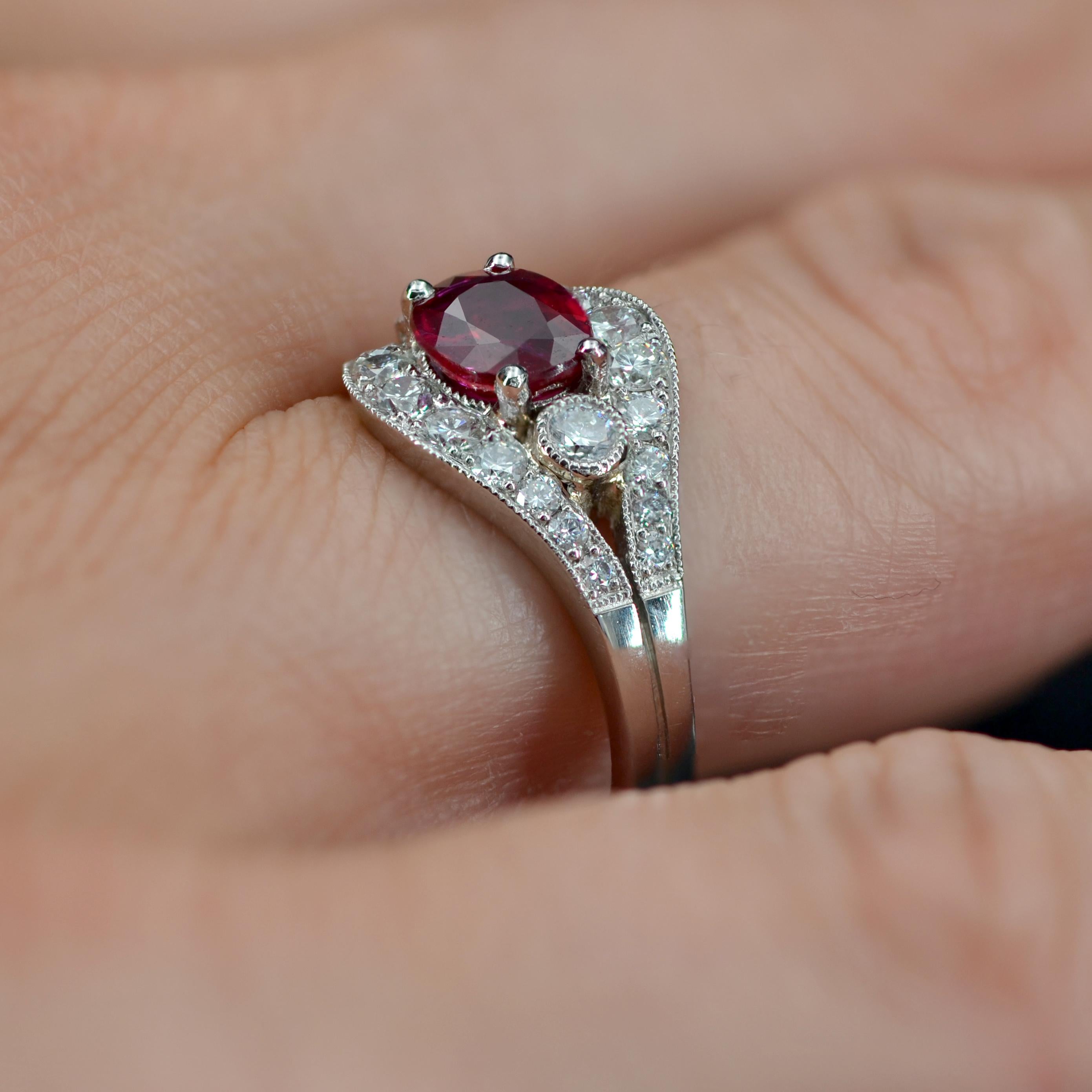 French Modern 1, 22 Carat Ruby Diamonds Platinum Ring For Sale 8