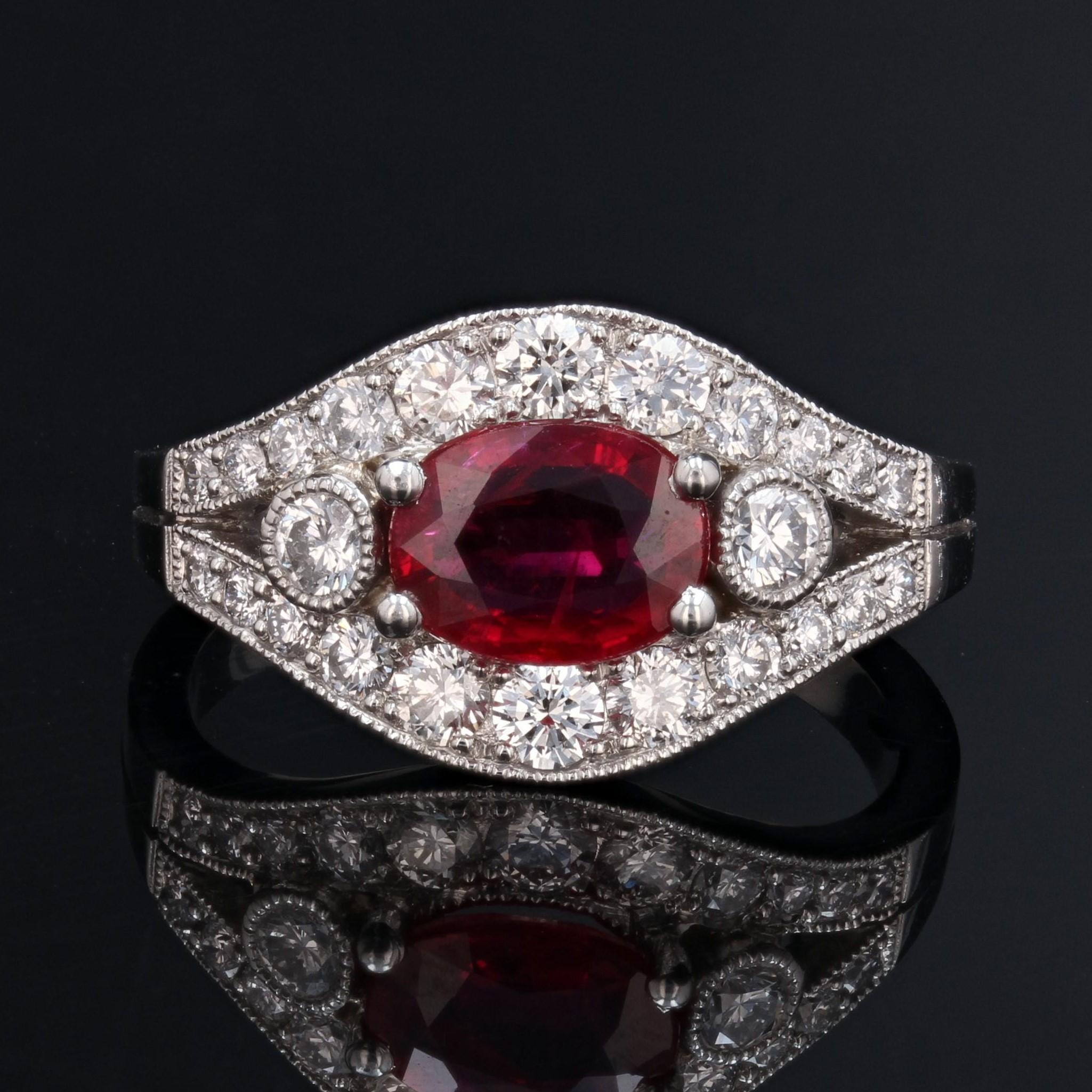 Oval Cut French Modern 1, 22 Carat Ruby Diamonds Platinum Ring For Sale