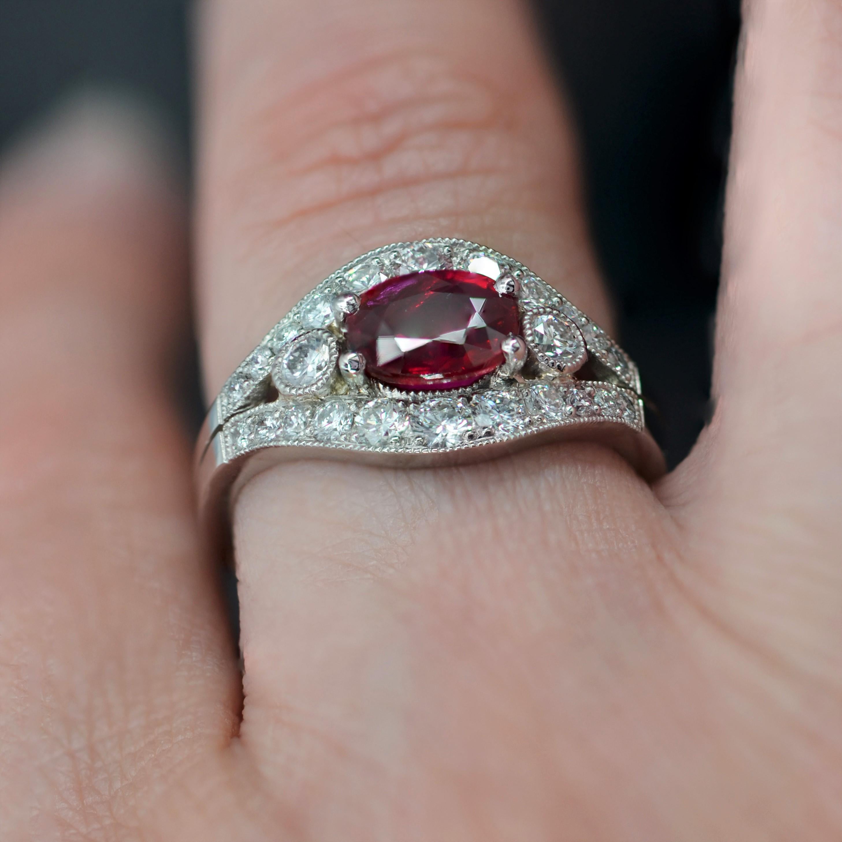 French Modern 1, 22 Carat Ruby Diamonds Platinum Ring In New Condition For Sale In Poitiers, FR