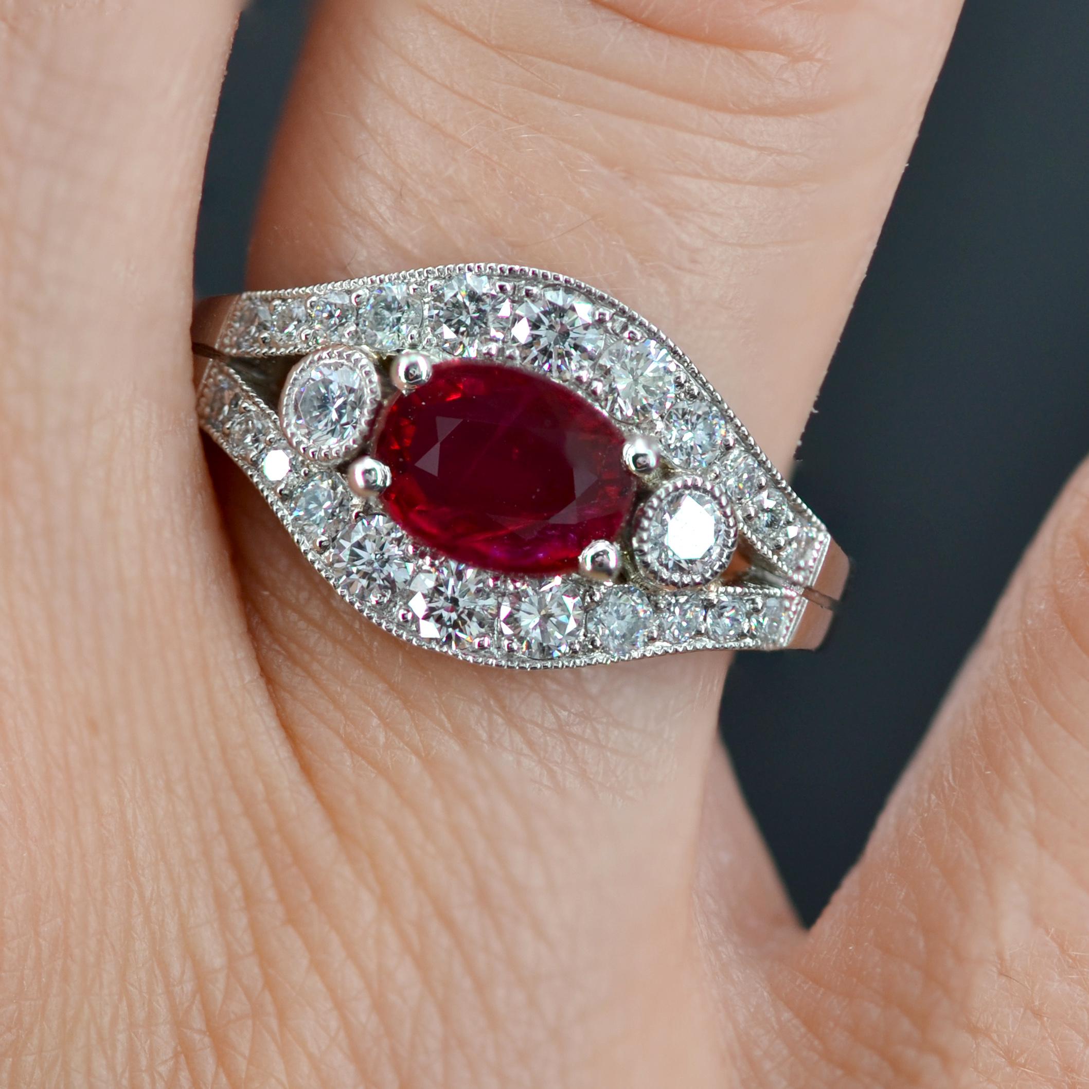 French Modern 1, 22 Carat Ruby Diamonds Platinum Ring For Sale 1