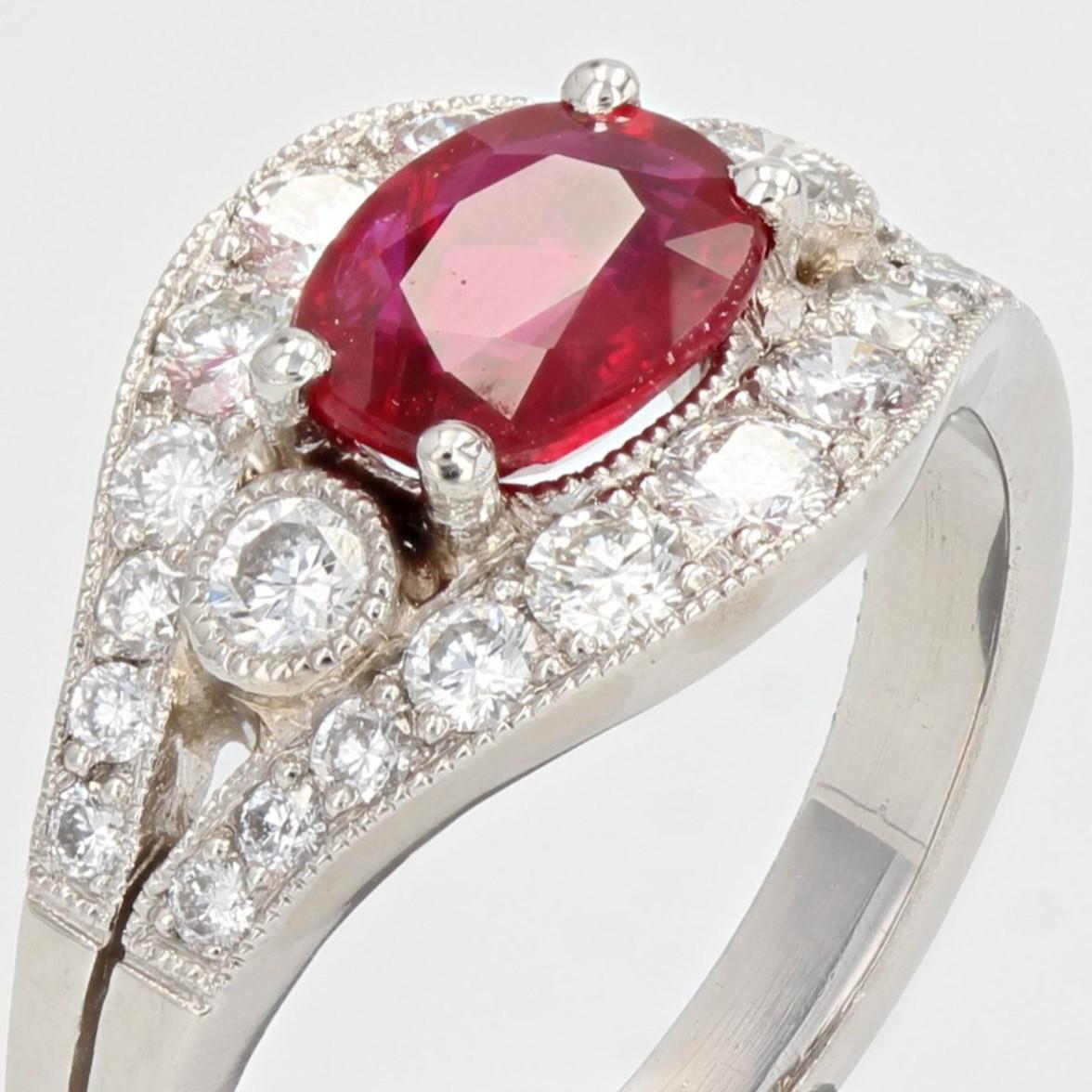 French Modern 1, 22 Carat Ruby Diamonds Platinum Ring For Sale 3