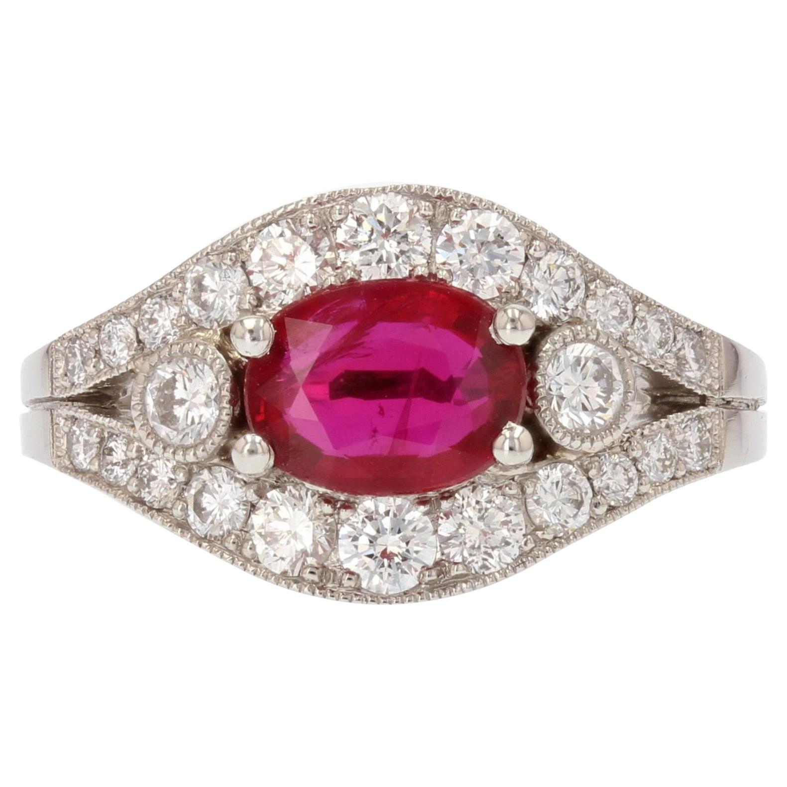 French Modern 1, 22 Carat Ruby Diamonds Platinum Ring For Sale