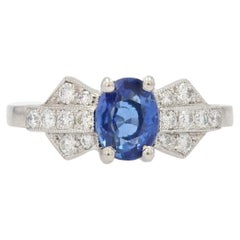 French Modern 1, 32 Carat Sapphire Diamonds Platinum Ring