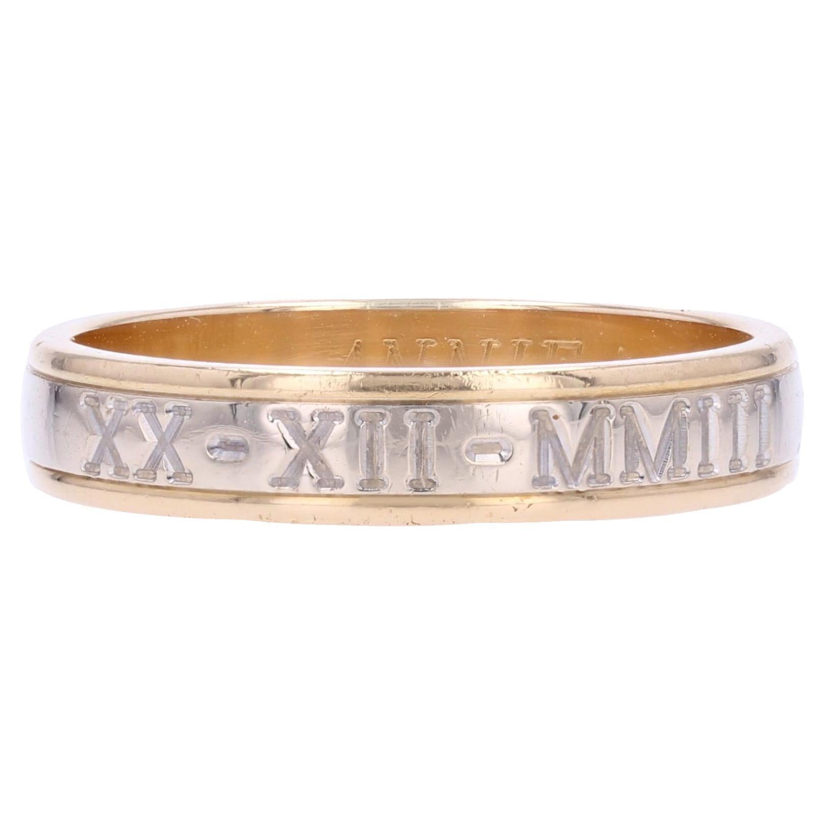 French Modern 18 Karat Yellow White Gold Engraved Man Ring