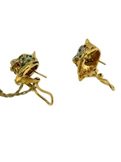 French Modern 18kt Gold Panther Earrings with Diamonds and Emeralds