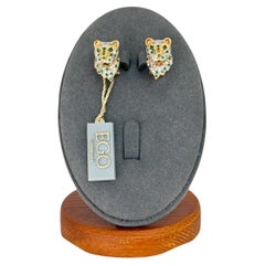French Modern 18kt Gold Panther Earrings with Diamonds and Emeralds