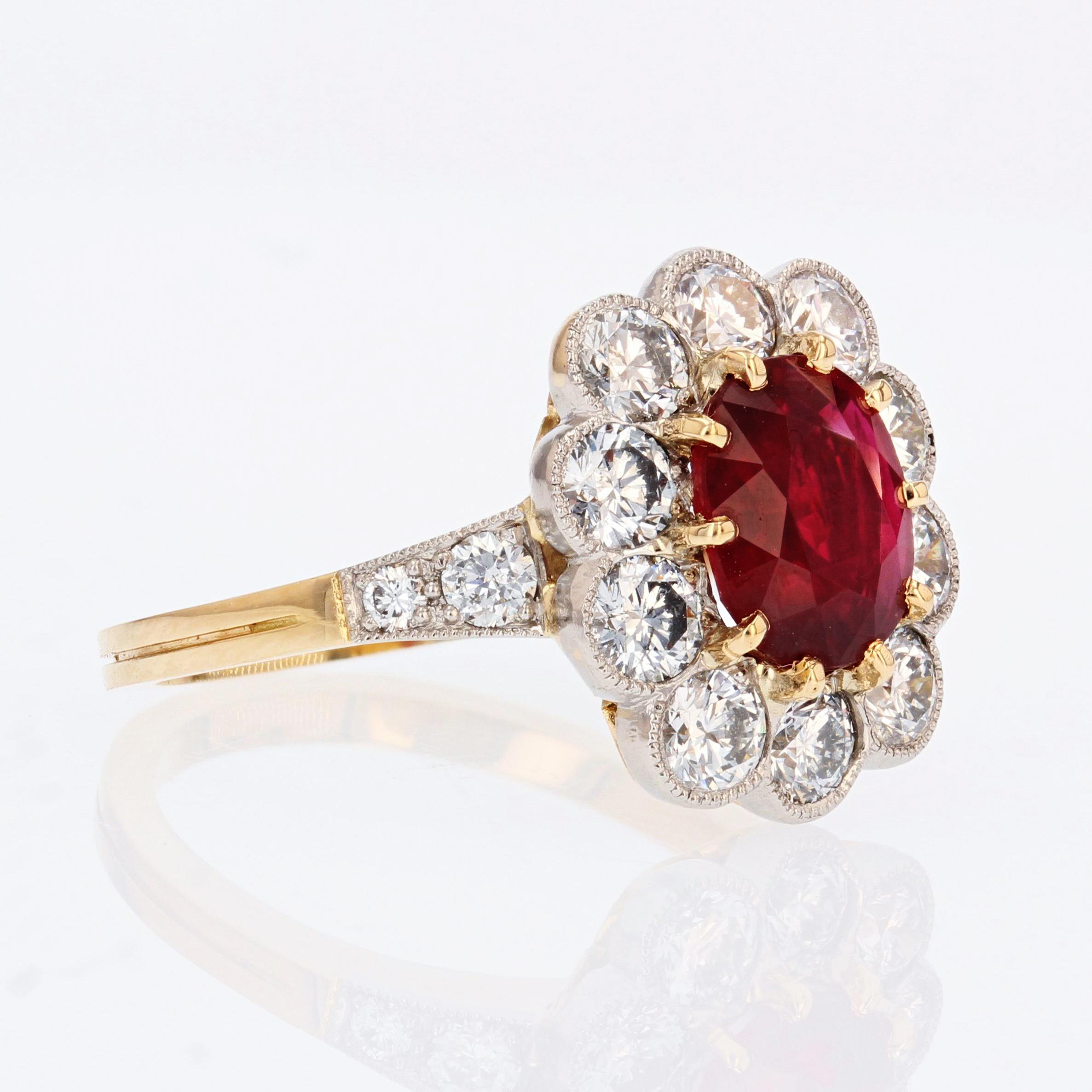 French Modern 2, 04 Carat Ruby Diamonds 18 Karat Yellow Gold Daisy Cluster Ring In New Condition For Sale In Poitiers, FR