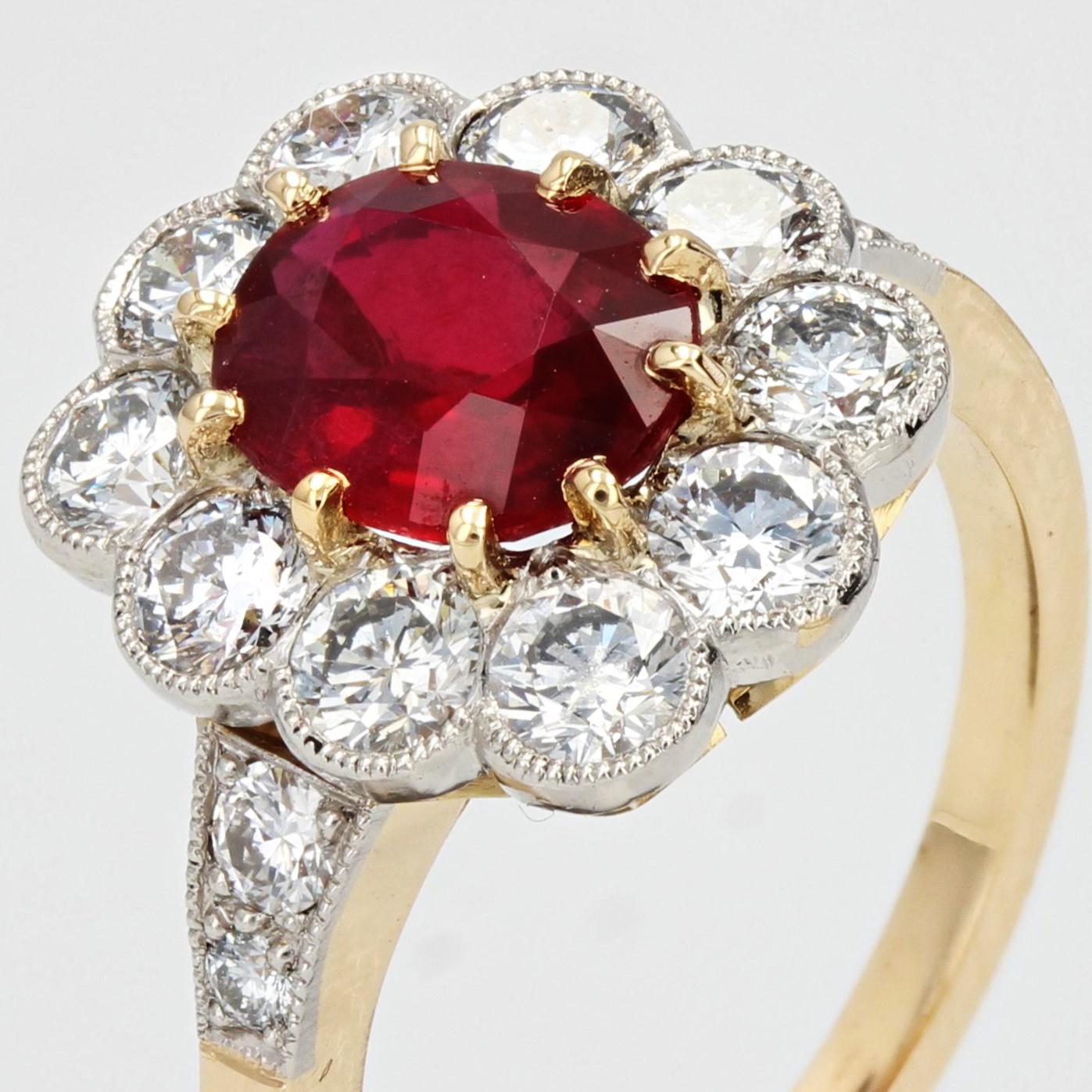 Women's French Modern 2, 04 Carat Ruby Diamonds 18 Karat Yellow Gold Daisy Cluster Ring For Sale